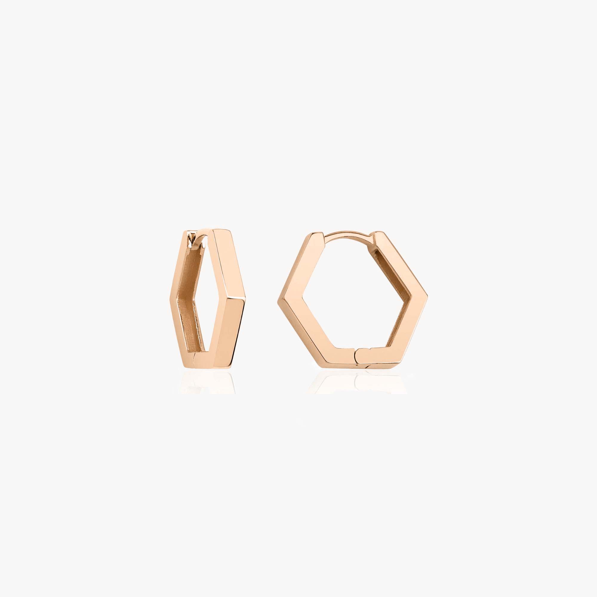 14K Rose Gold hexagonal hoop earrings on a white background