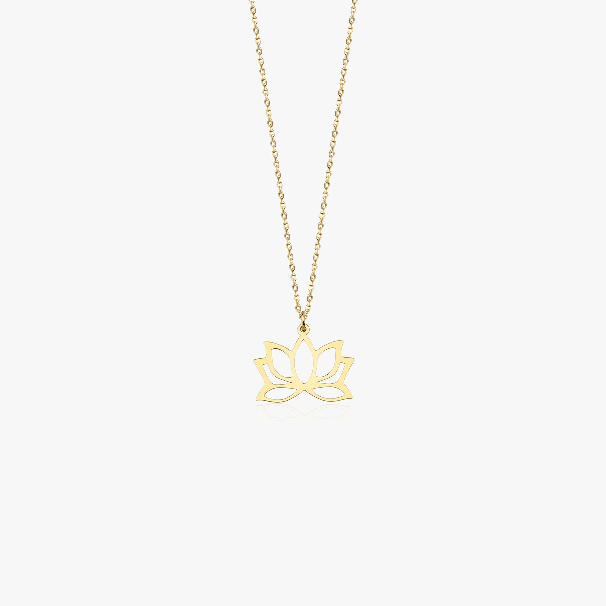 A 14k yellow gold minimal lotus pendant necklace shown on a white background.
