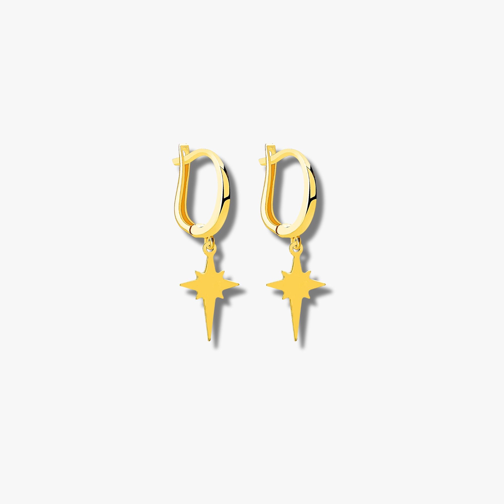 Golden North Star Dangle Hoops in 14K Gold