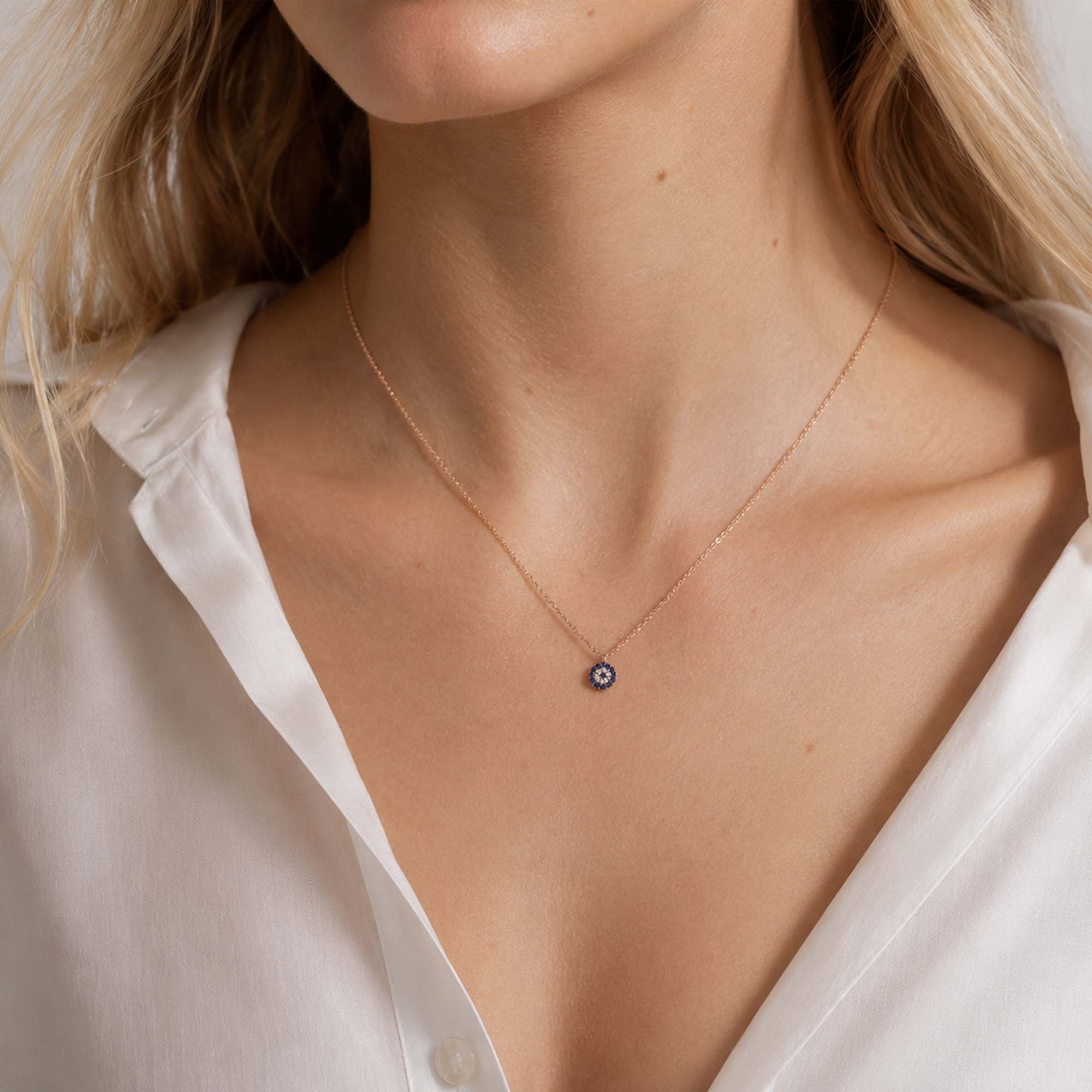 Mini Sapphire and Diamond Evil Eye Necklace in 14K Gold