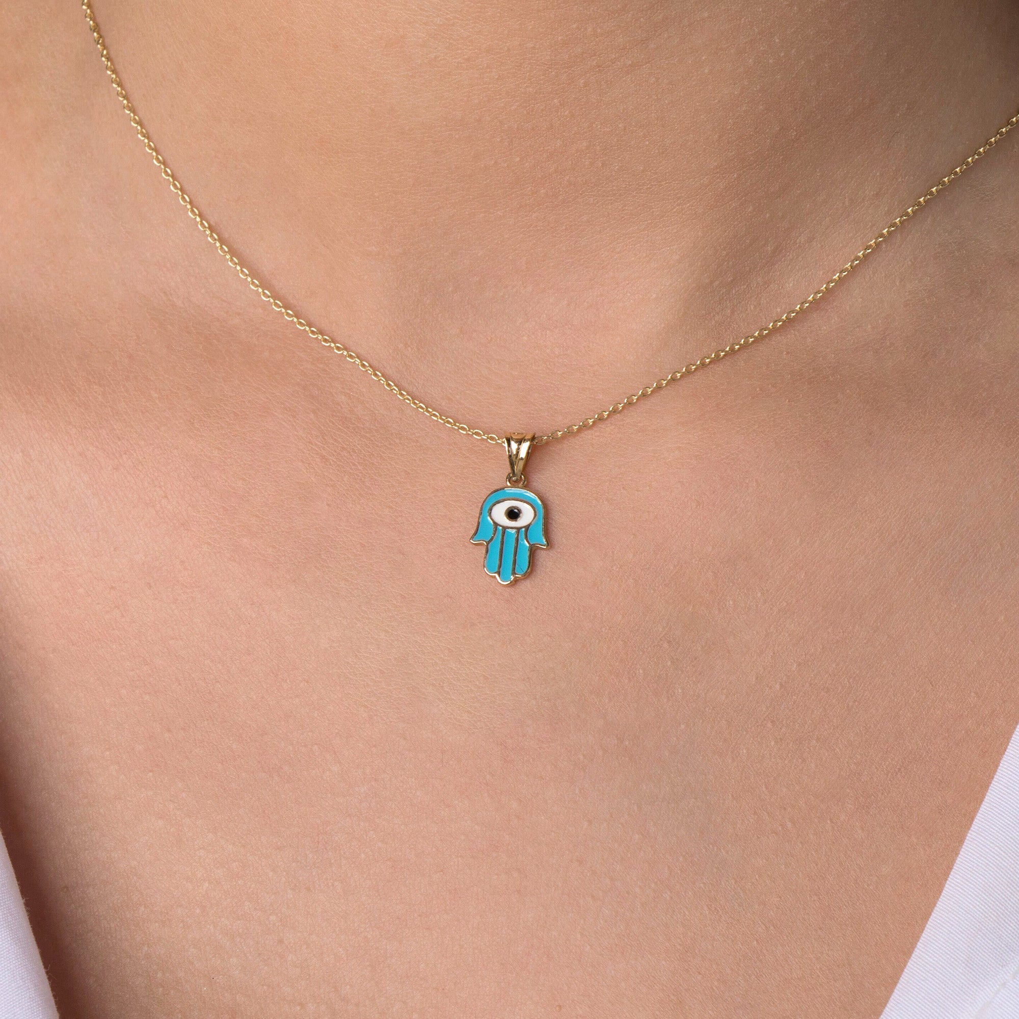 Blue Hamsa Protection Necklace in 14K Gold