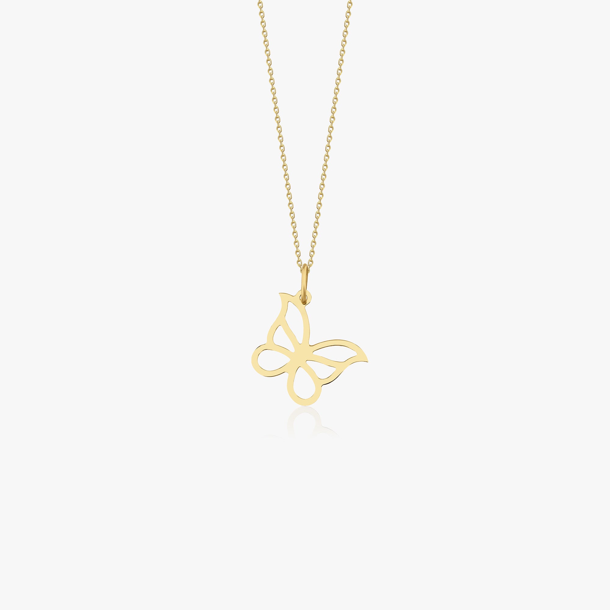 A minimal 14k yellow gold butterfly necklace on a white background