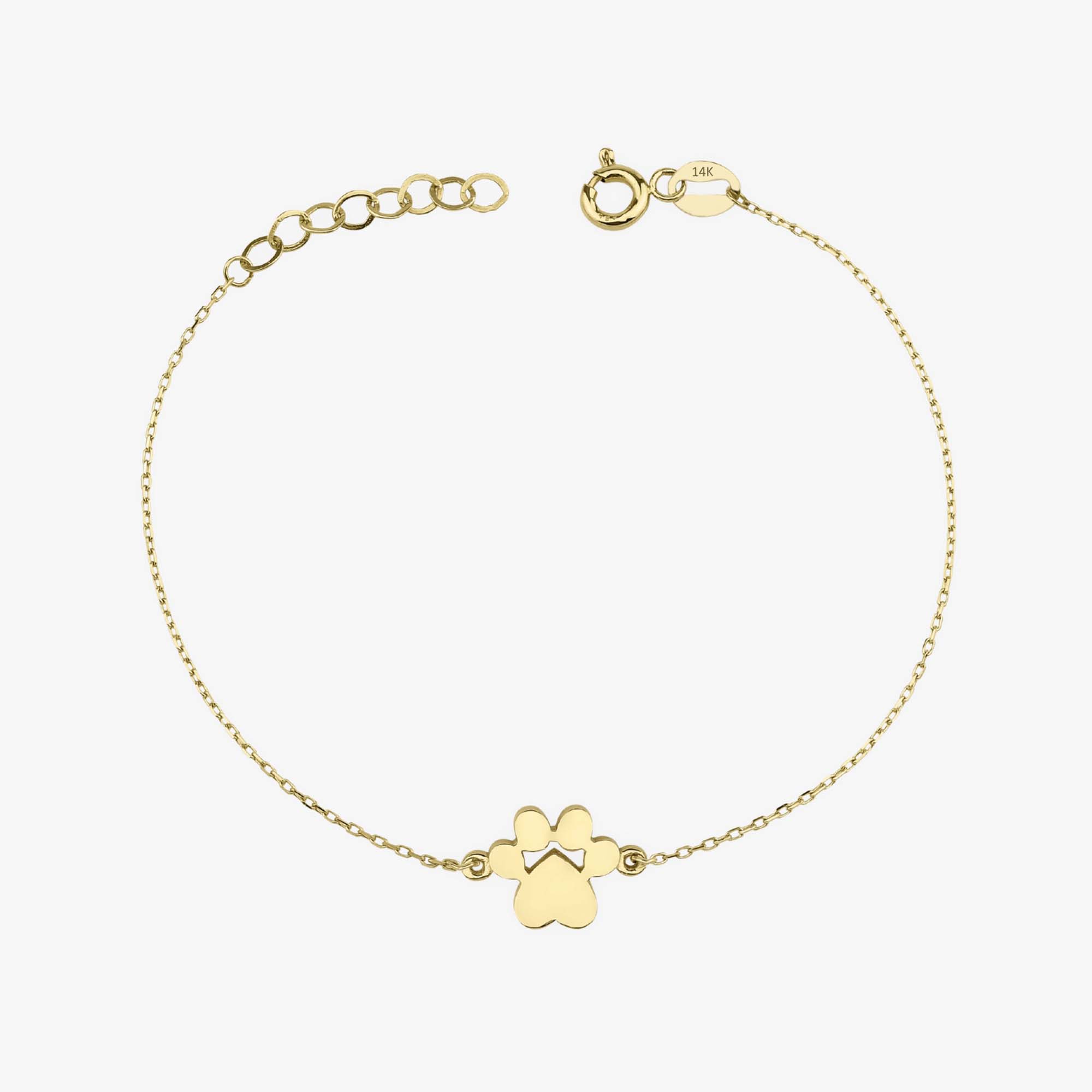 A 14K gold bracelet featuring a small gold paw charm, with a solid gold chain.