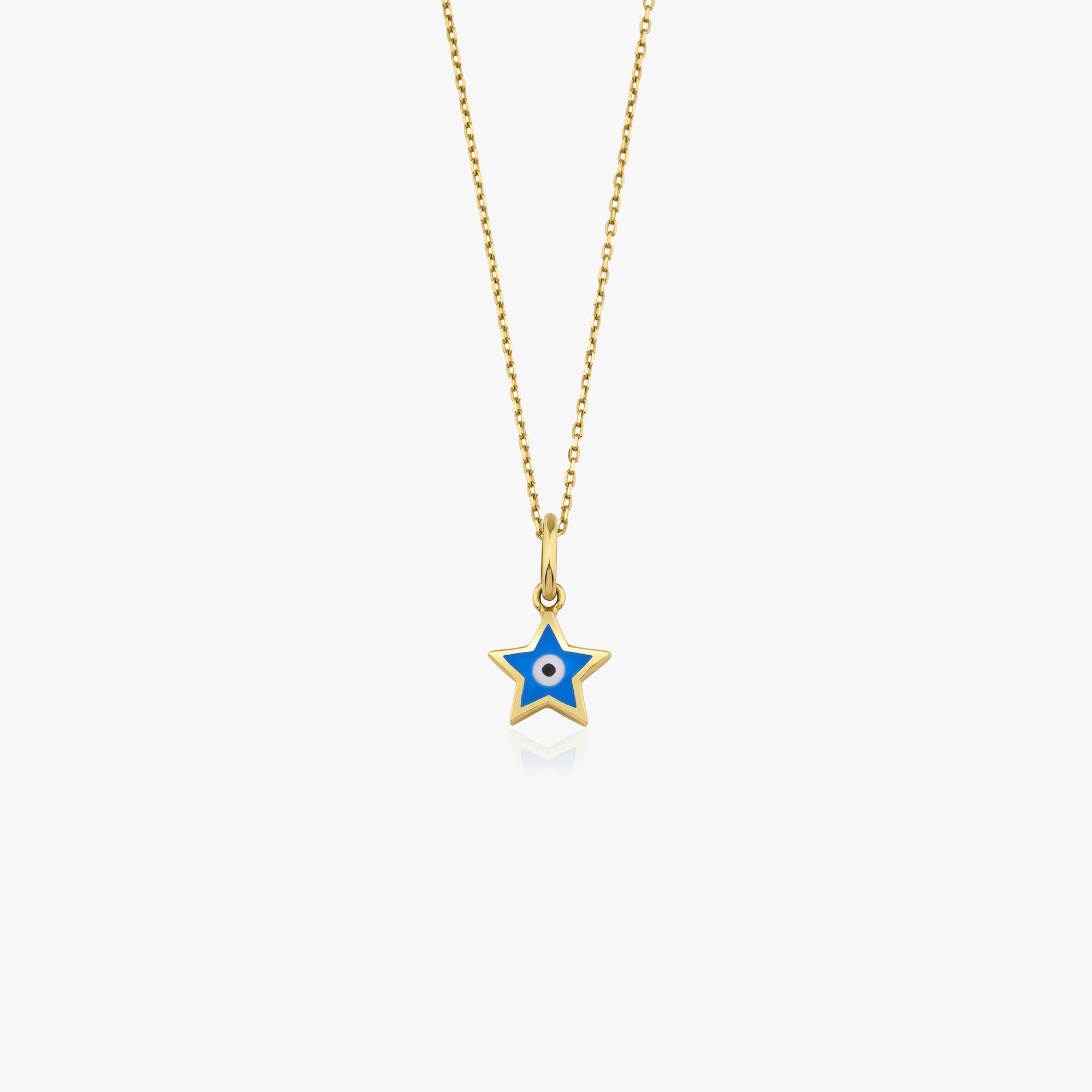 A Mini Ocean Blue Star Evil Eye Necklace on a 14K gold chain, with the evil eye pendant in the center of the image against a white background.