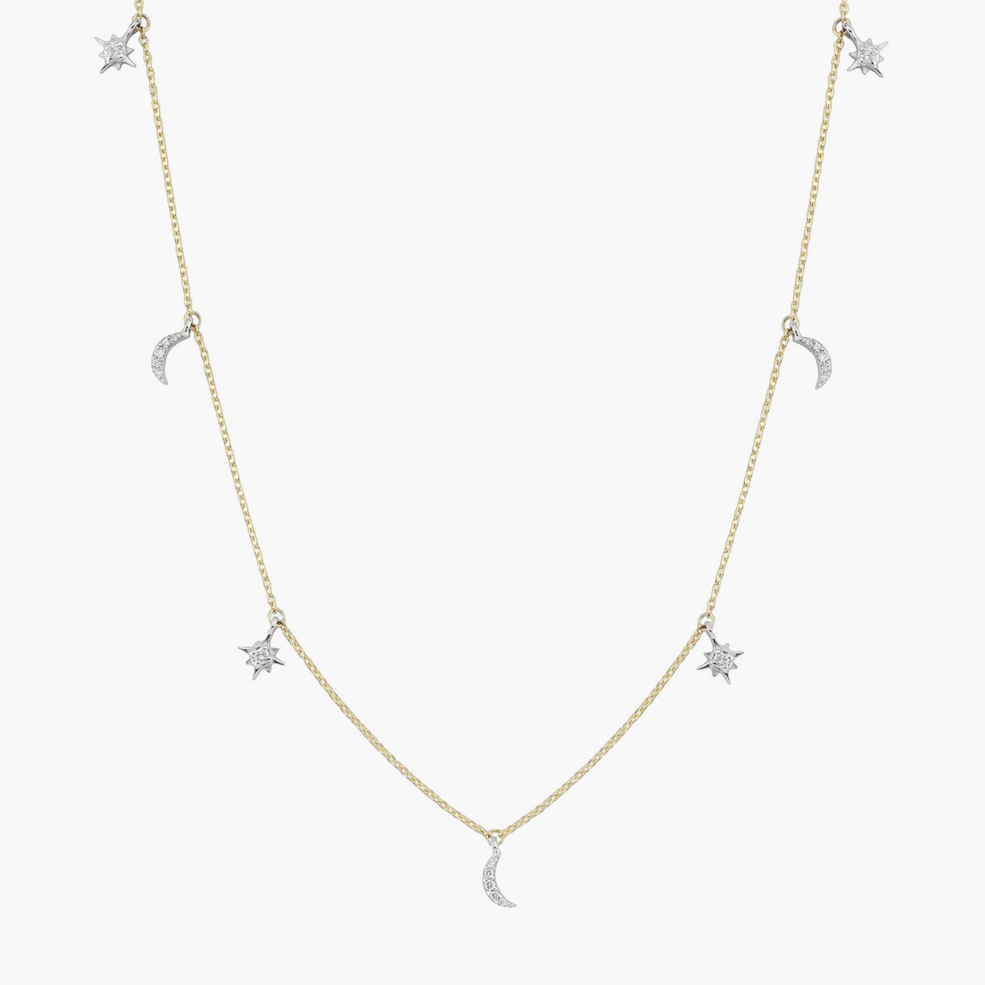 Diamond Moon and Star Station Necklace in 14K Gold