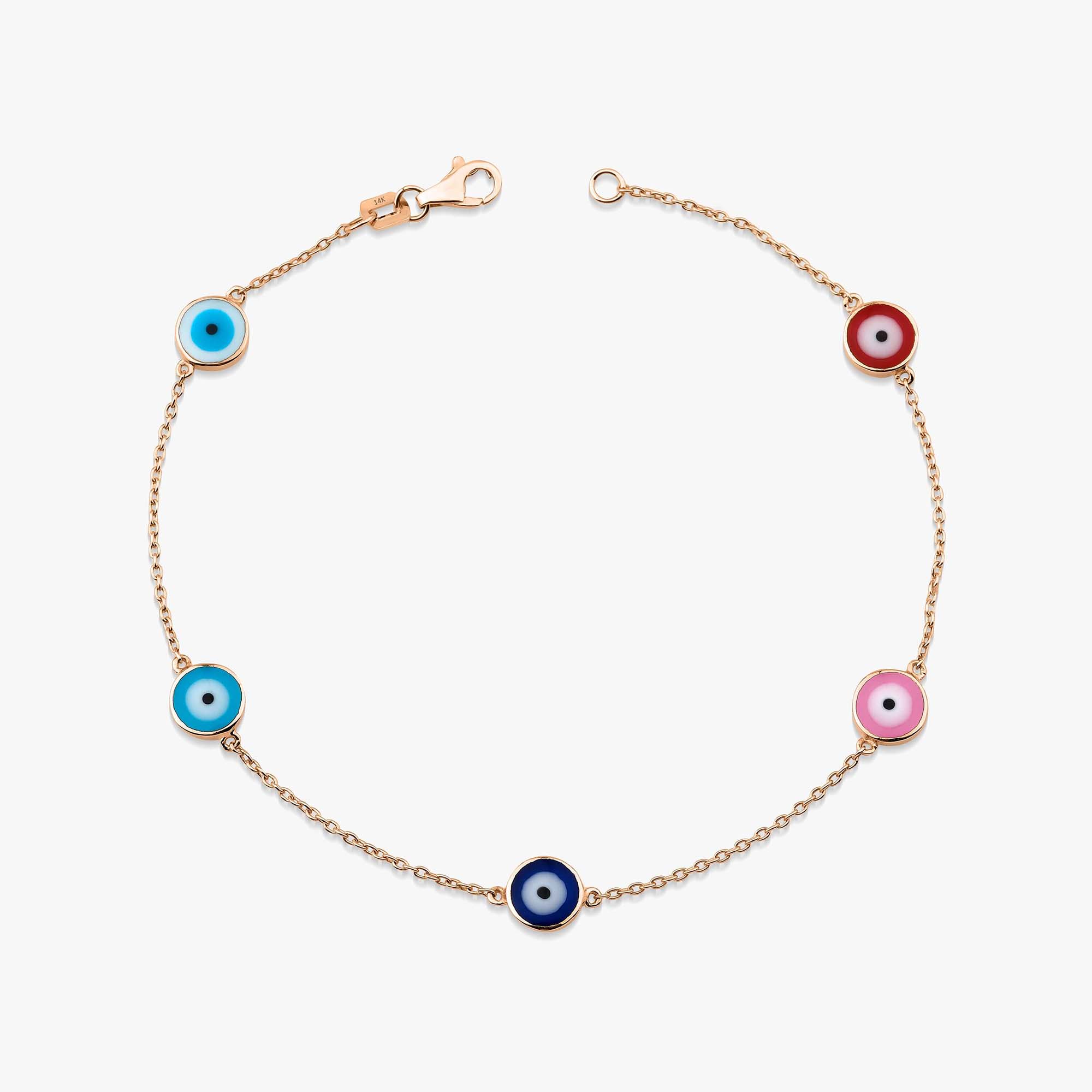 A 14K rose gold bracelet featuring multiple multicolored evil eye charms on a chain.