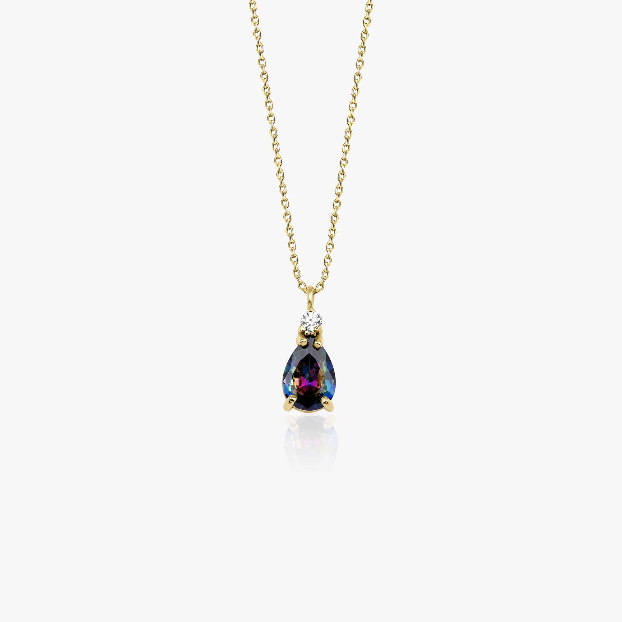 A 14k yellow gold mystic topaz necklace shown on a white background.