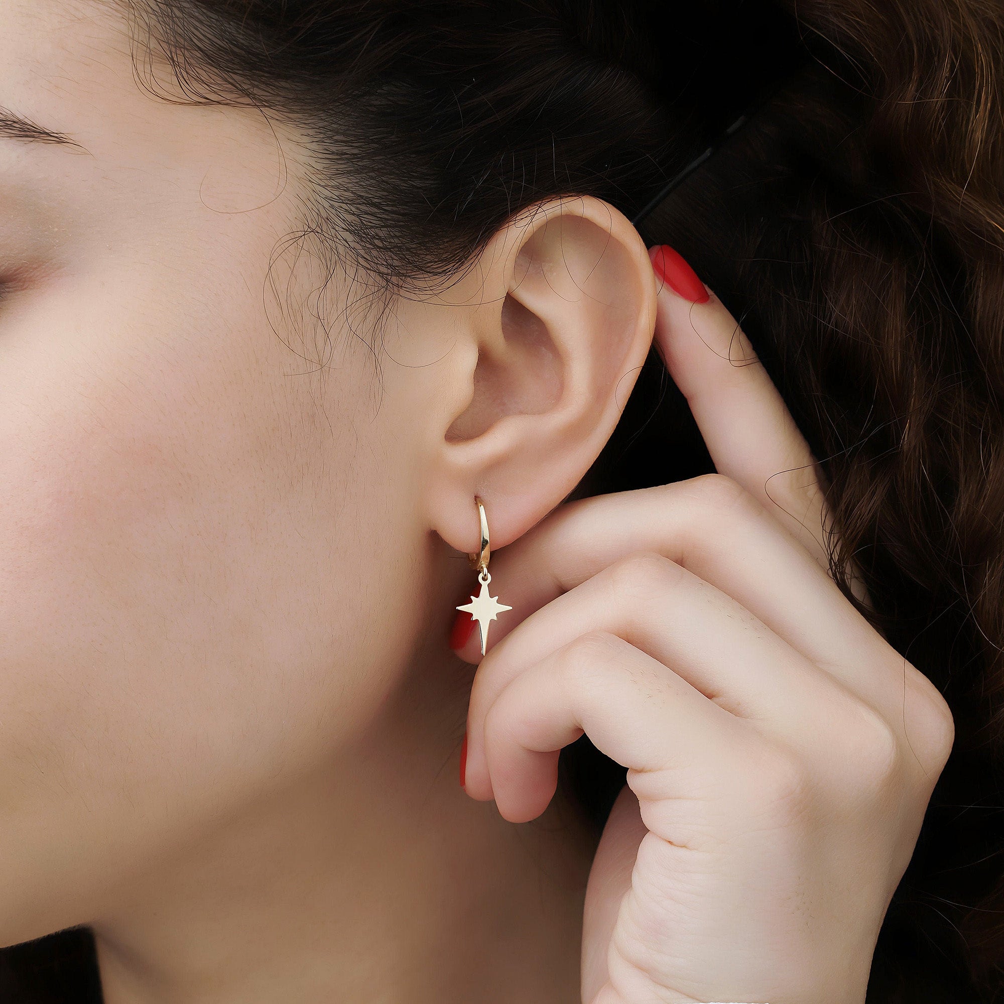 Golden North Star Dangle Hoops in 14K Gold