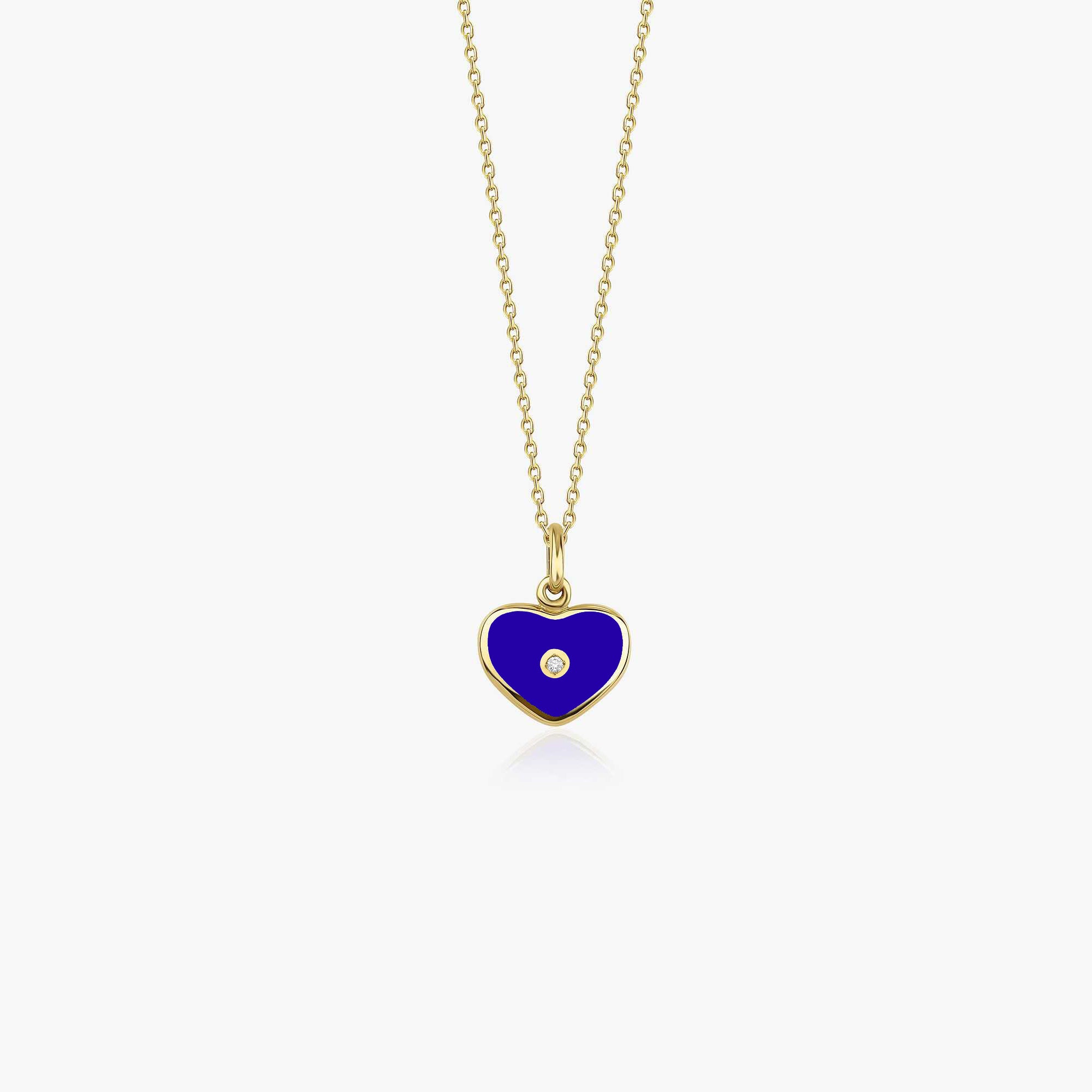 Mini Inlaid Diamond Navy Blue Heart Necklace in 14K Gold