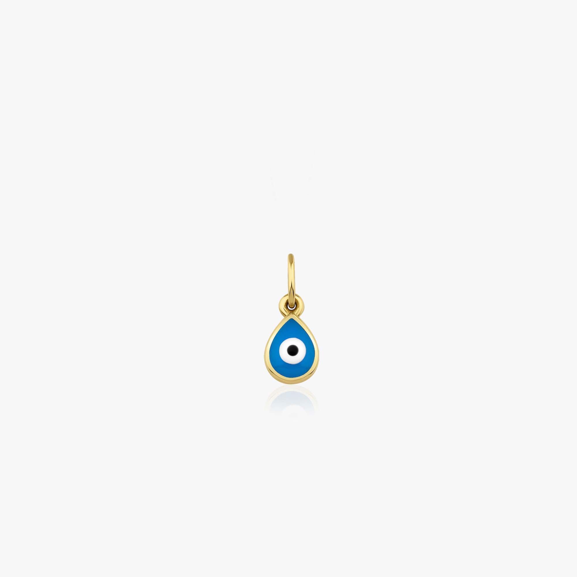 A tiny 14k yellow gold raindrop pendant with an evil eye center shown on a white background.