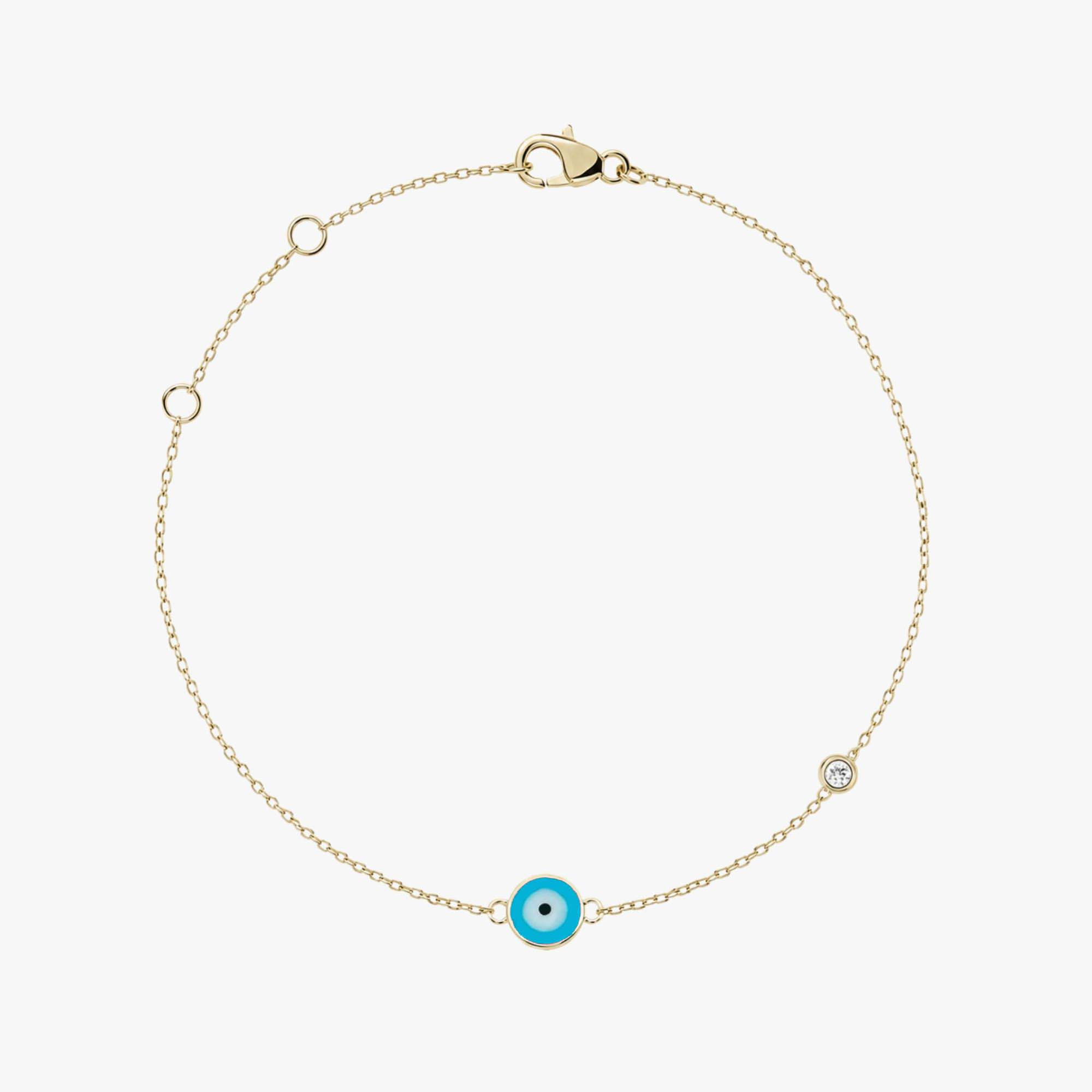 Minimal Diamond Evil Eye Bracelet in 14K Gold / Ocean Blue