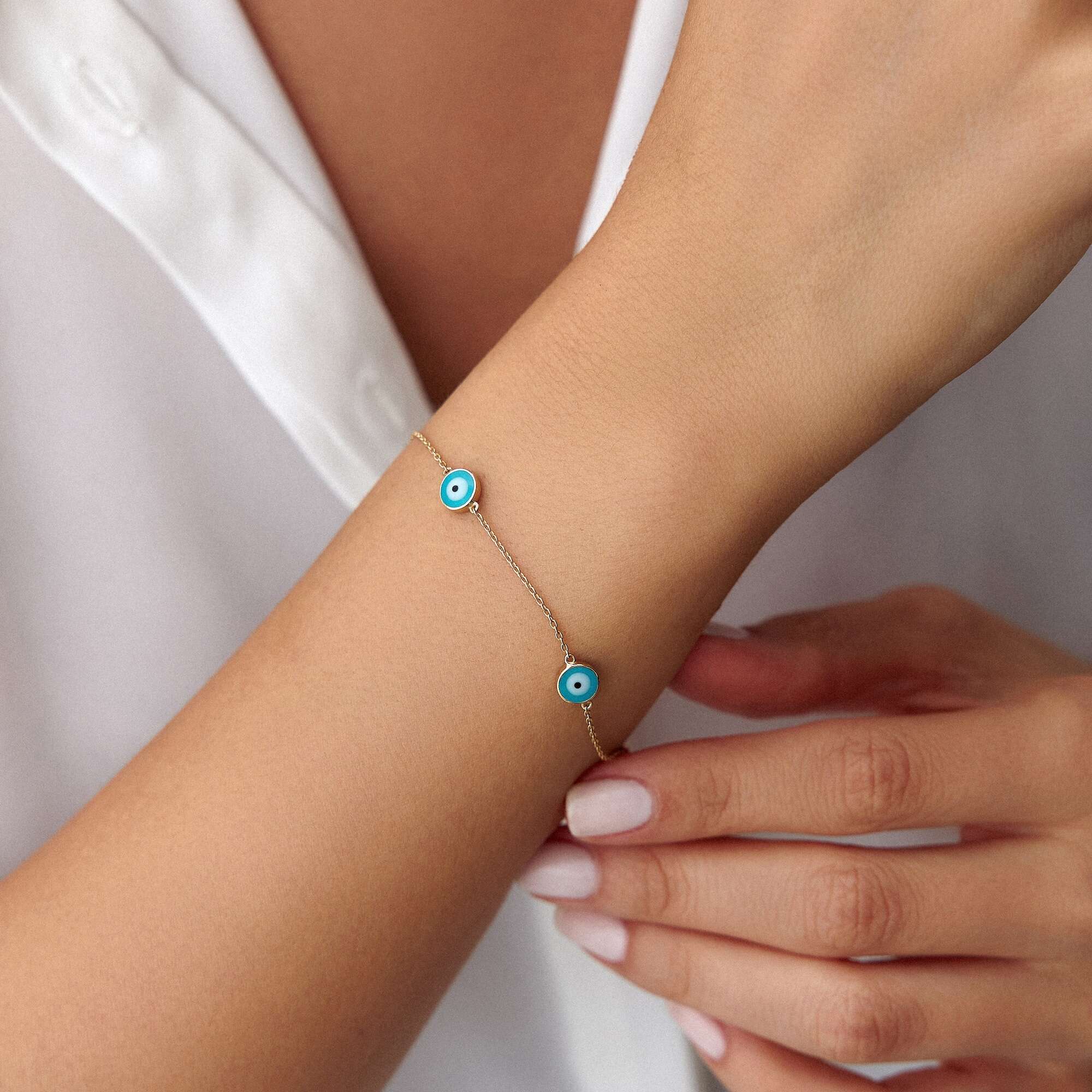 14K Gold Double Sided Evil Eye Bracelet / OCEAN BLUE