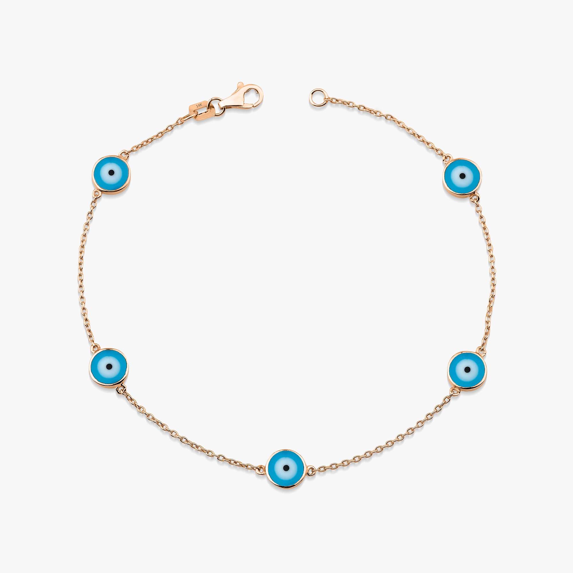 14k rose gold evil eye bracelet with 5 ocean blue evil eye charms on a chain