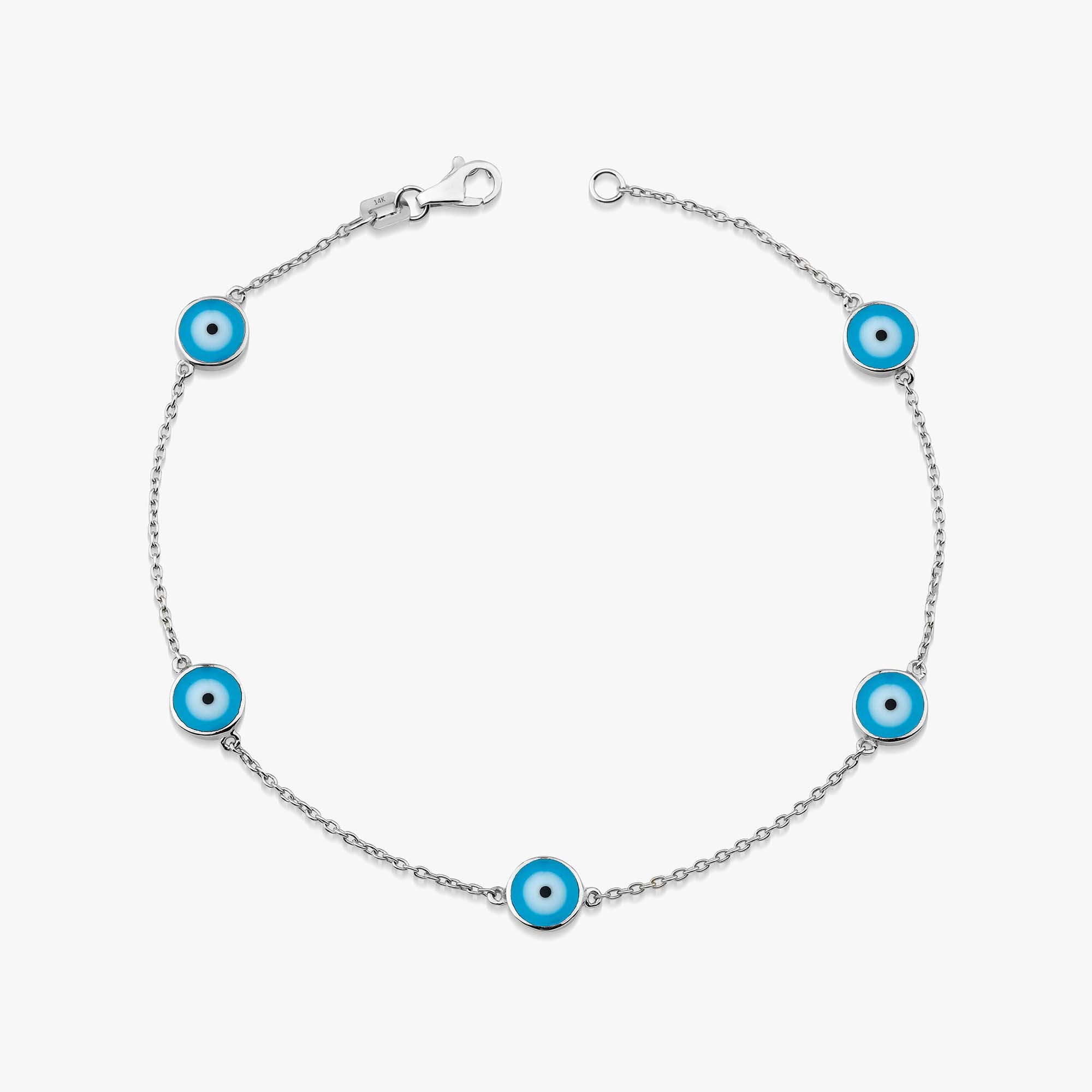 14k white gold evil eye bracelet with 5 ocean blue evil eye charms on a chain
