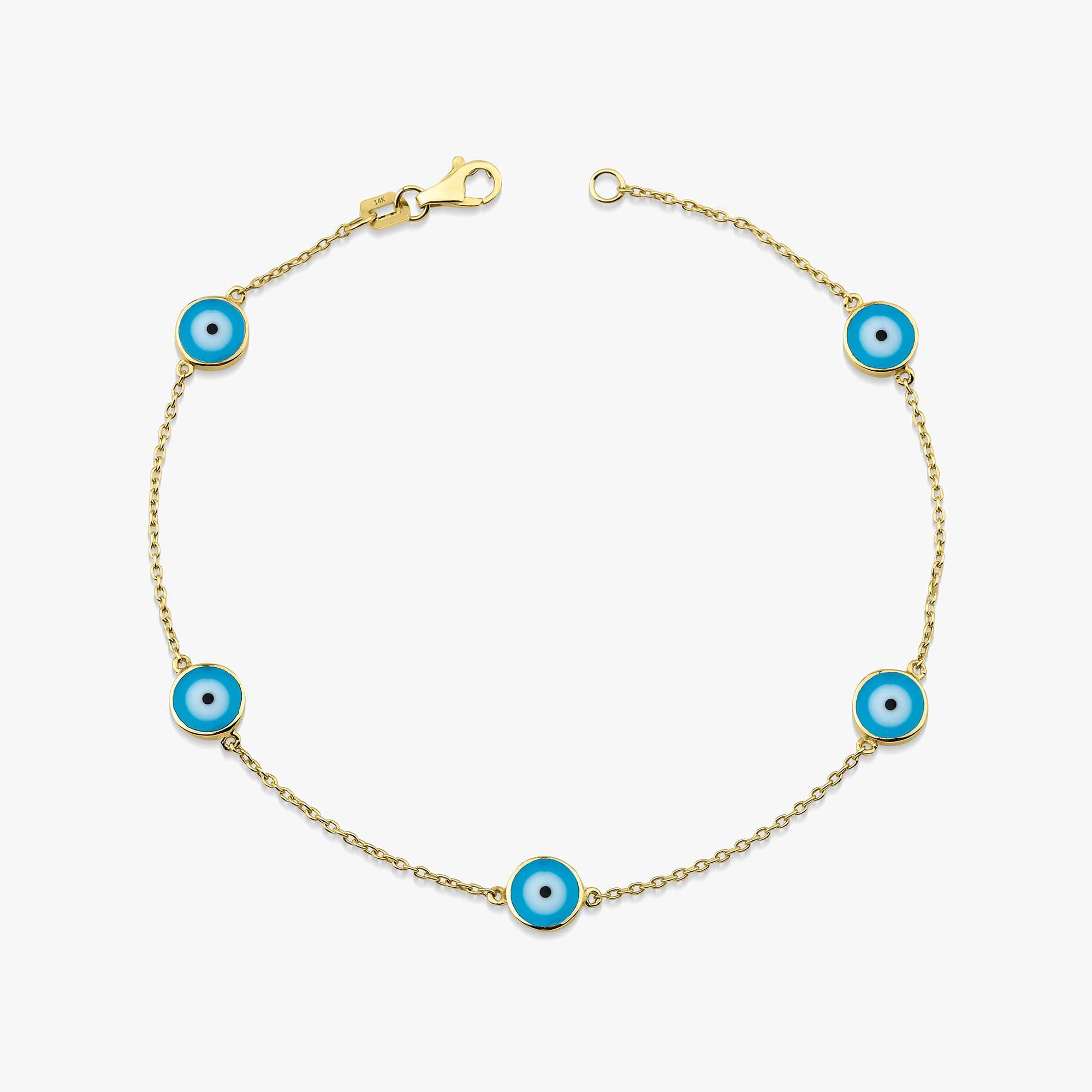 14k yellow gold evil eye bracelet with 5 ocean blue evil eye charms on a chain