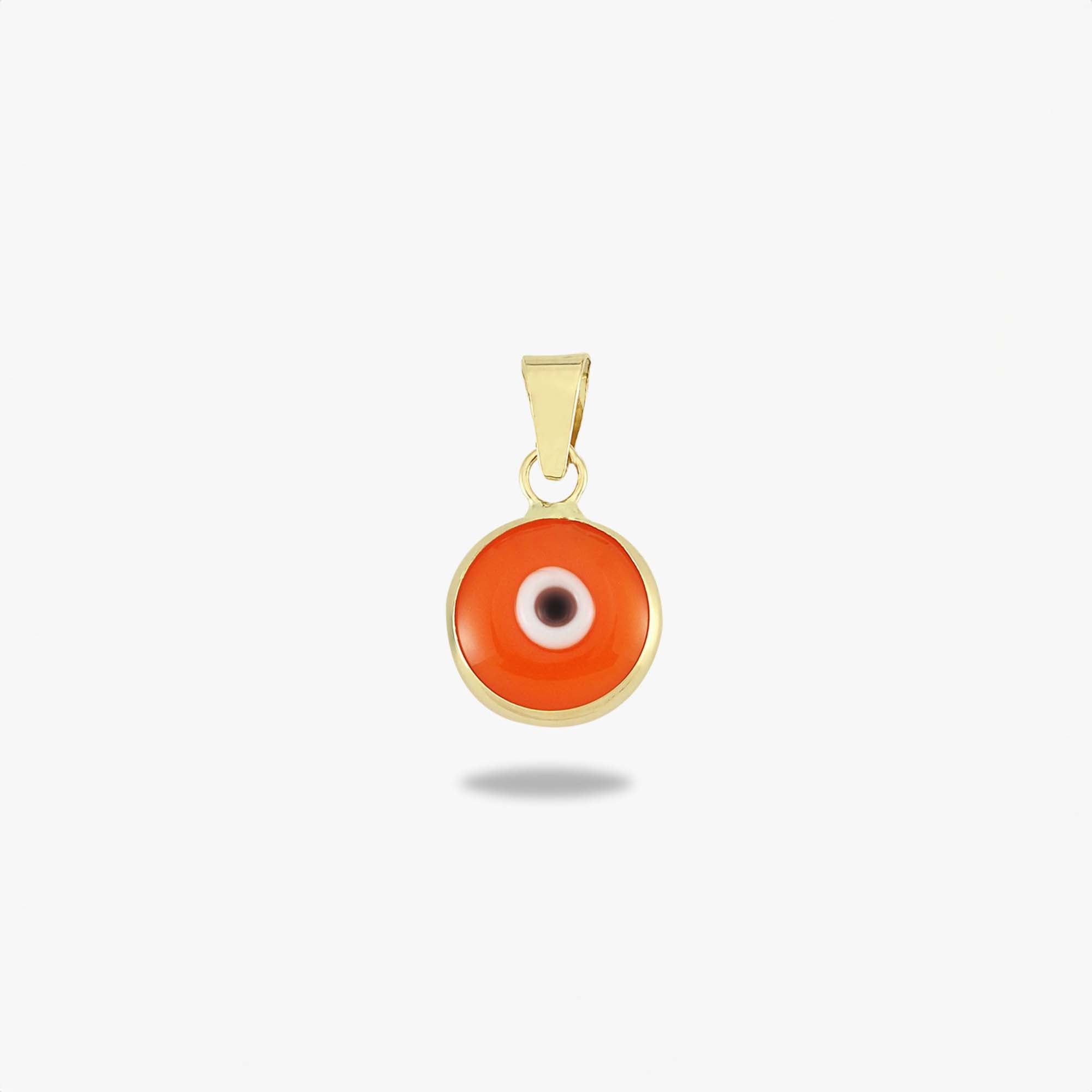 A 14k yellow gold orange evil eye pendant shown on a white background