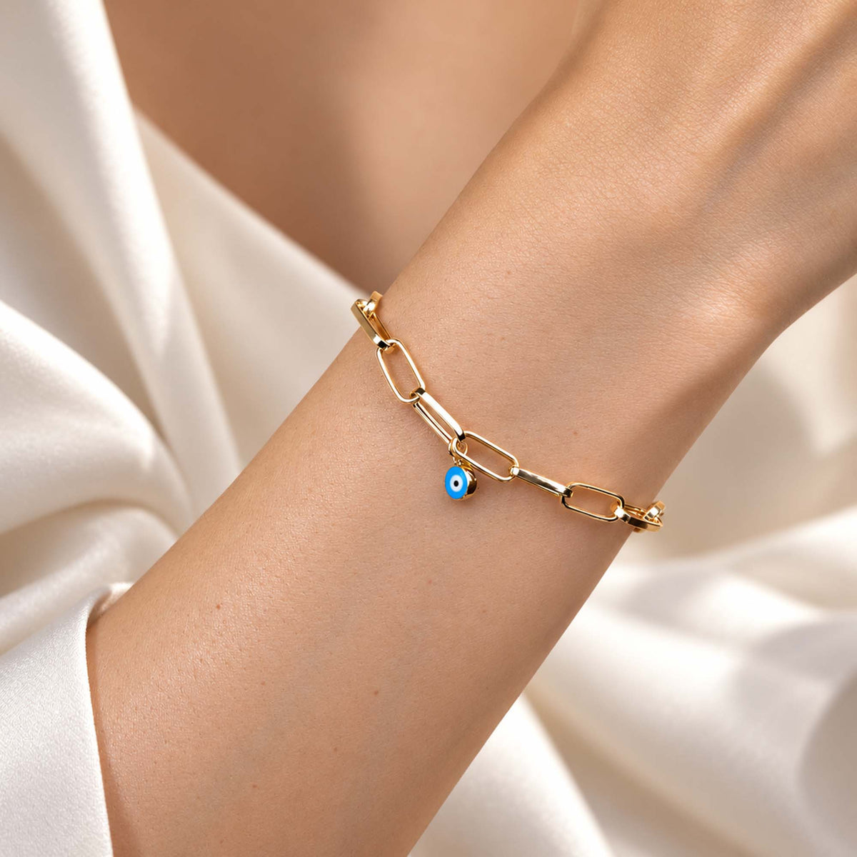 Paperclip Chain Bracelet With Evil Eye Charm in 14K Gold