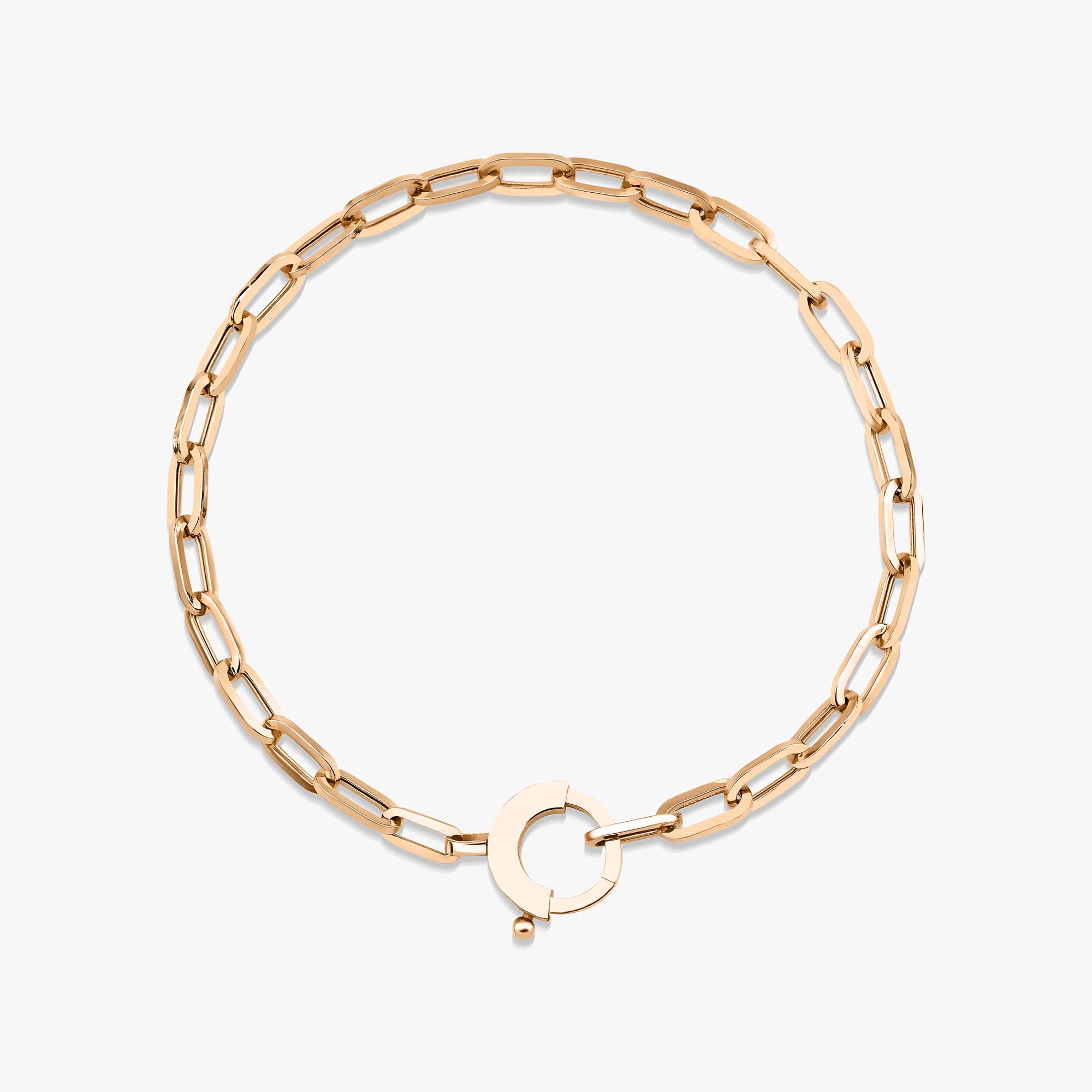 14k rose gold paperclip chain bracelet with a special clasp shown on a white background