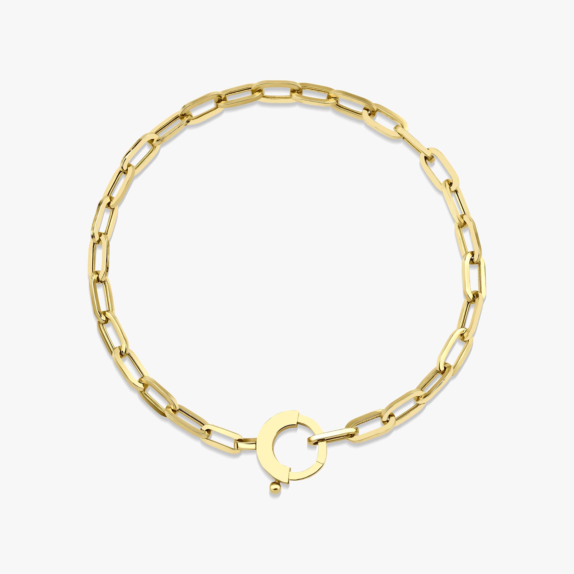 14k yellow gold paperclip chain bracelet with a special clasp shown on a white background