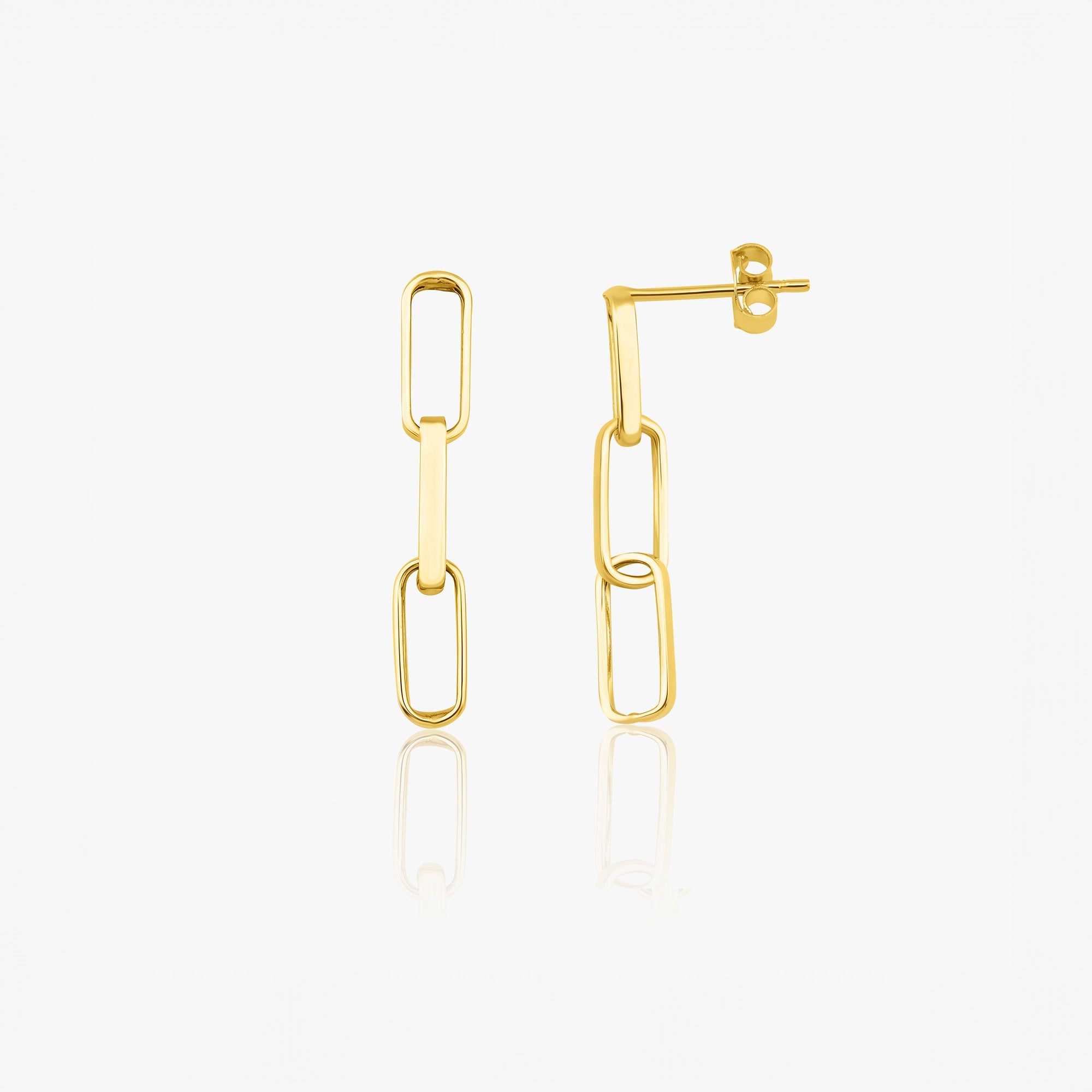 A pair of 14k yellow gold paperclip chain studs shown sideways on a white background.