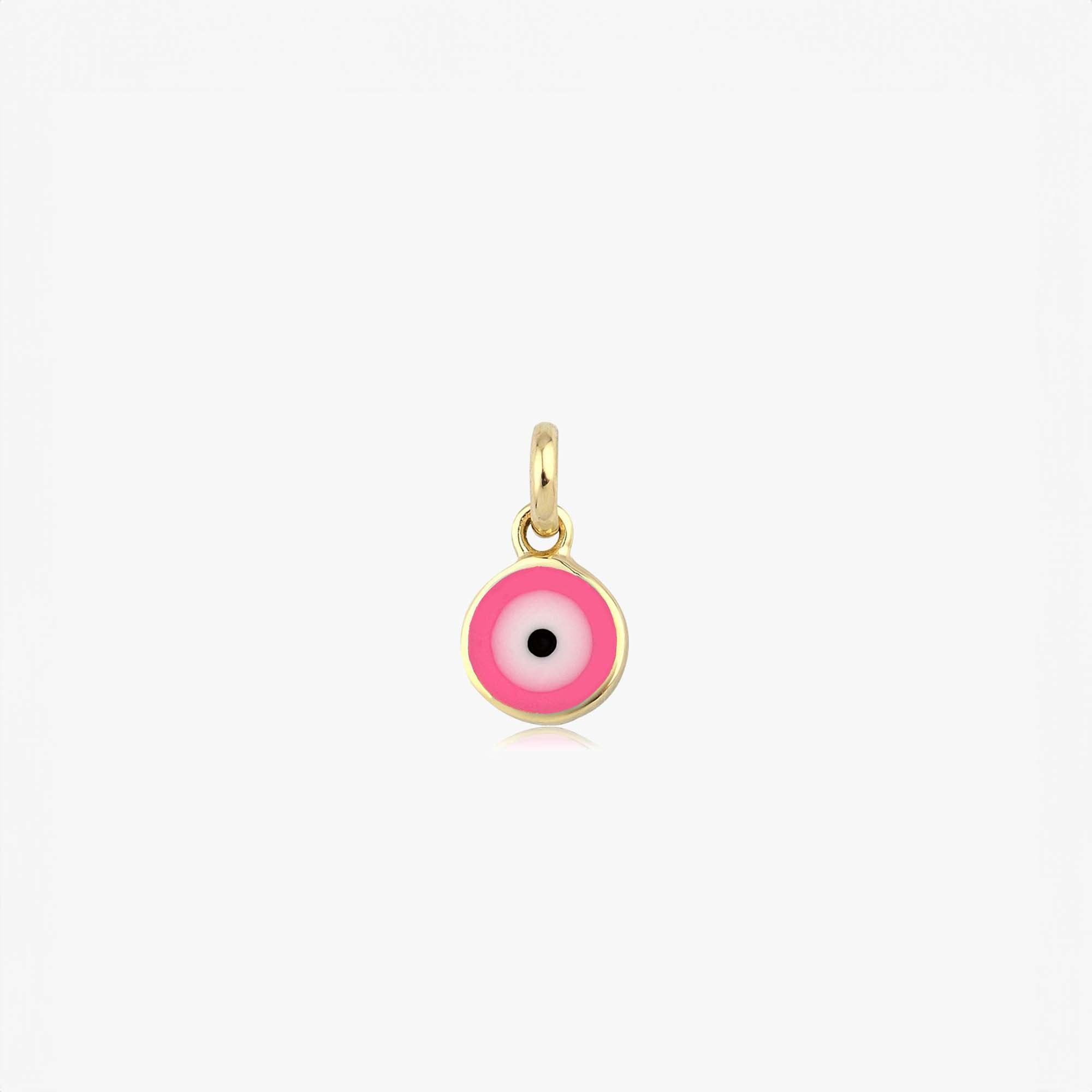 A minimal 14k yellow gold pink evil eye pendant shown on a white background