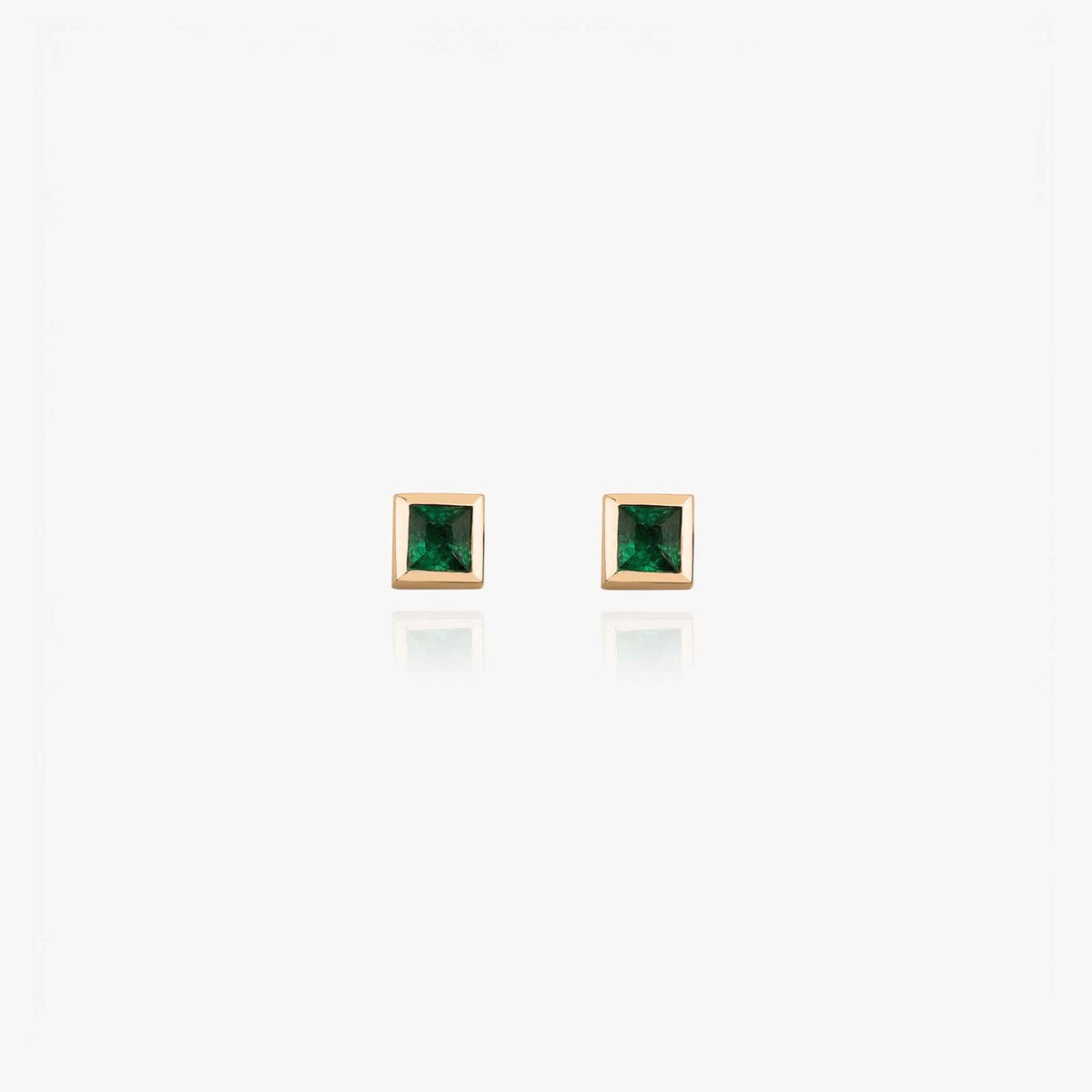Mini Bezel Set Princess Cut Emerald Studs in 14K Gold