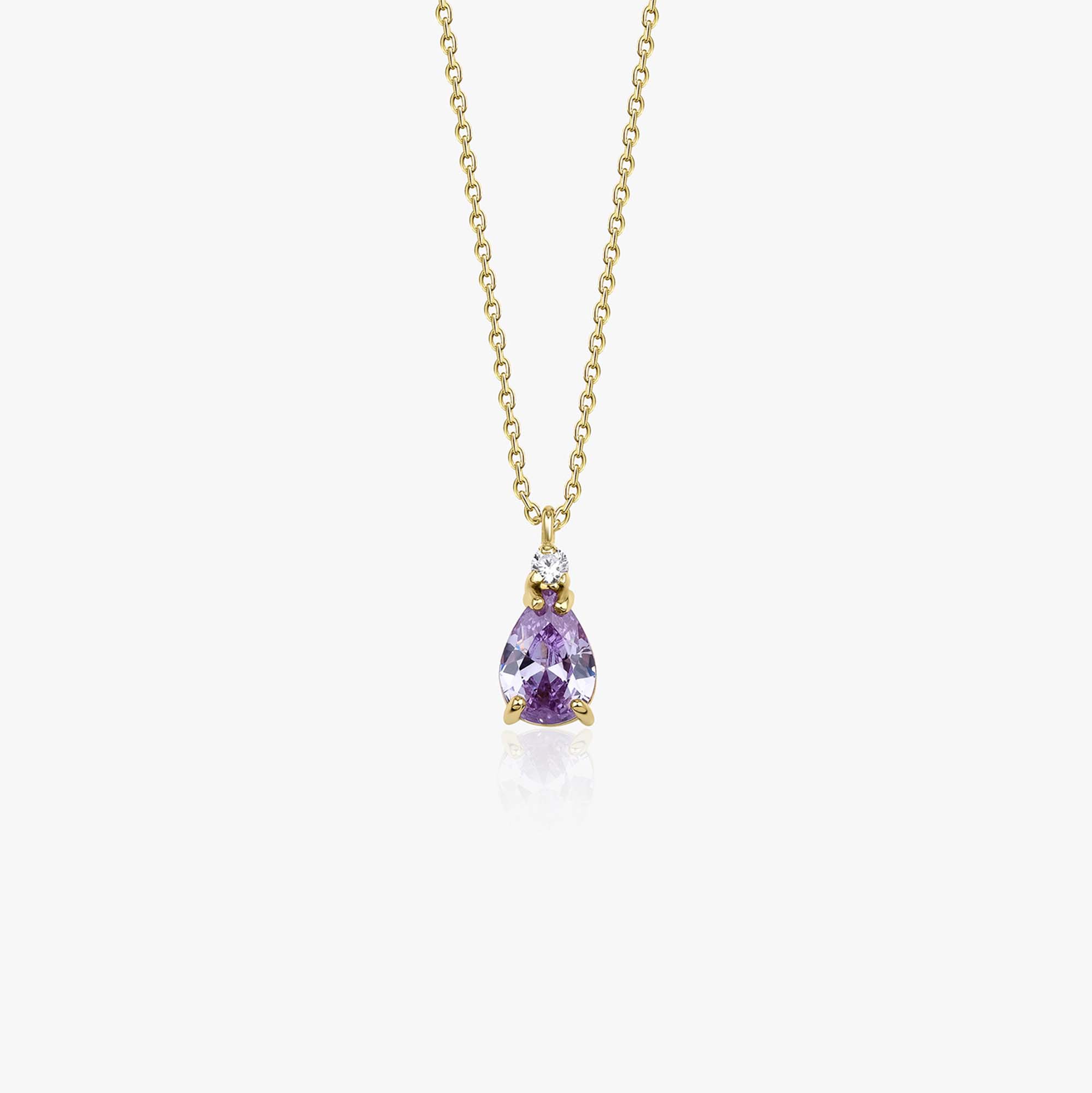 14k yellow gold purple drop necklace shown on a white background.