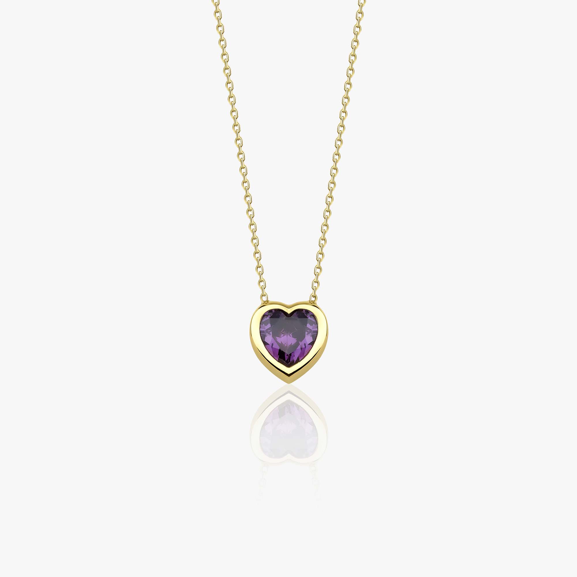 A 14k yellow gold heart-shaped purple gemstone necklace in 14K gold, displayed against a white background.