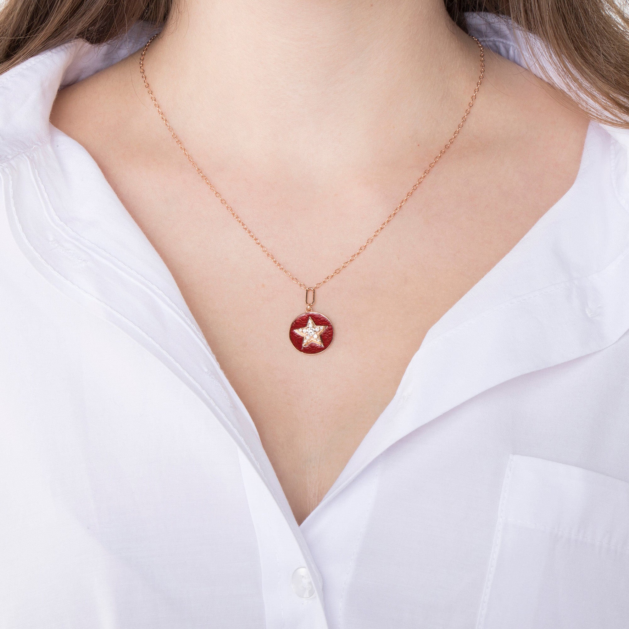 Red Enamel Diamond Star Necklace in 14K Gold