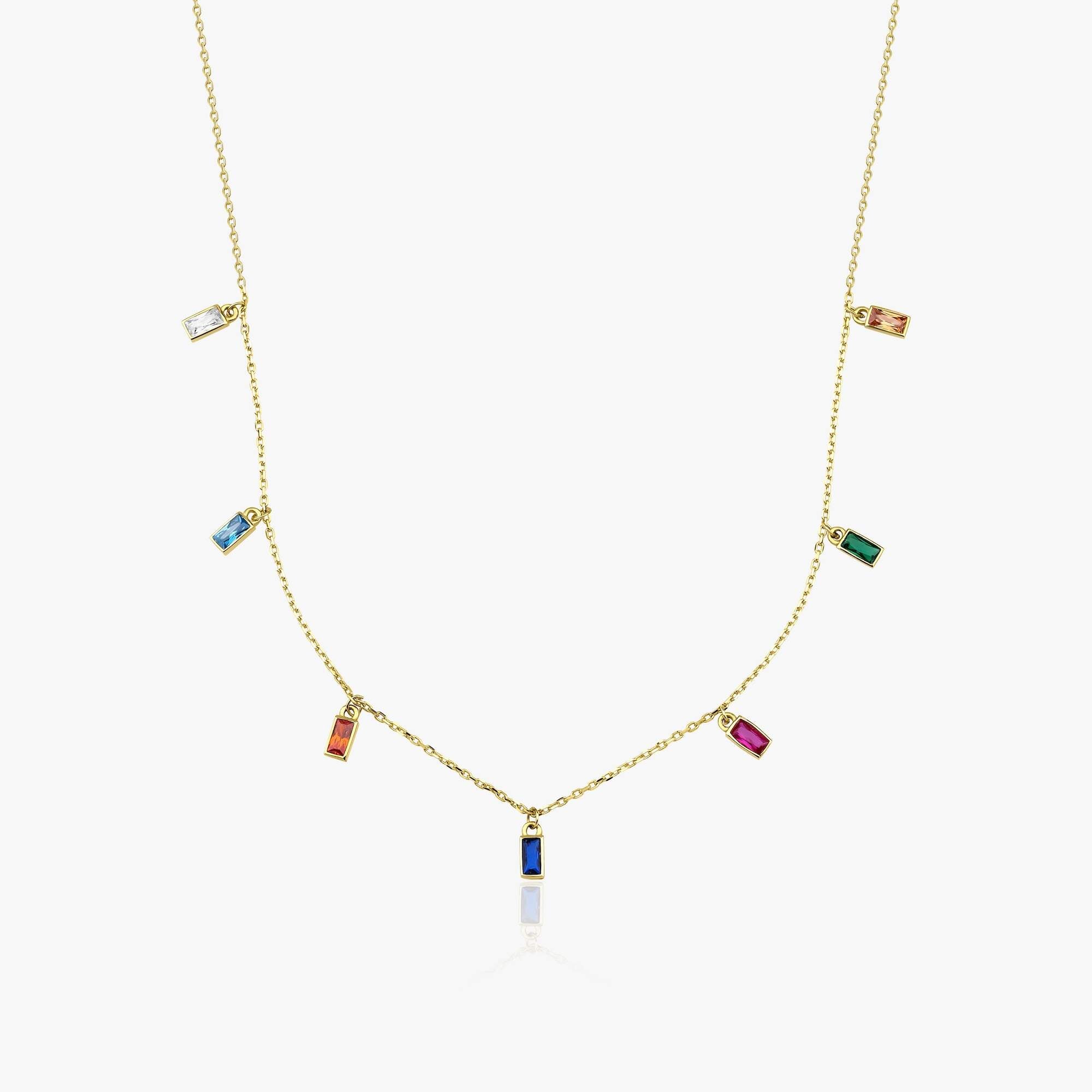 A 14k yellow gold necklace with colorful gemstones on a white background