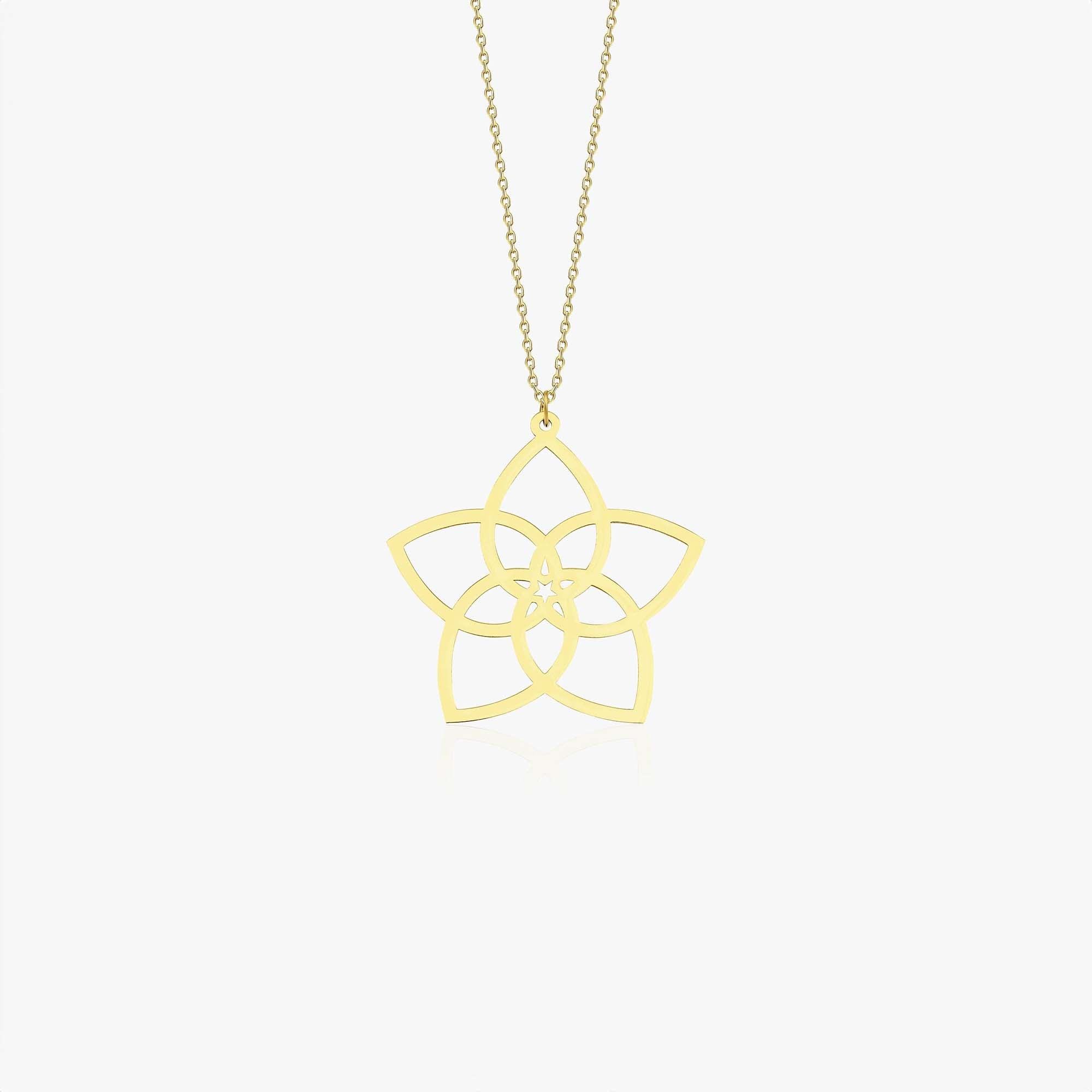 A gold-colored necklace featuring a five-petal rose design, representing Sacred Geometry's Rose of Venus.