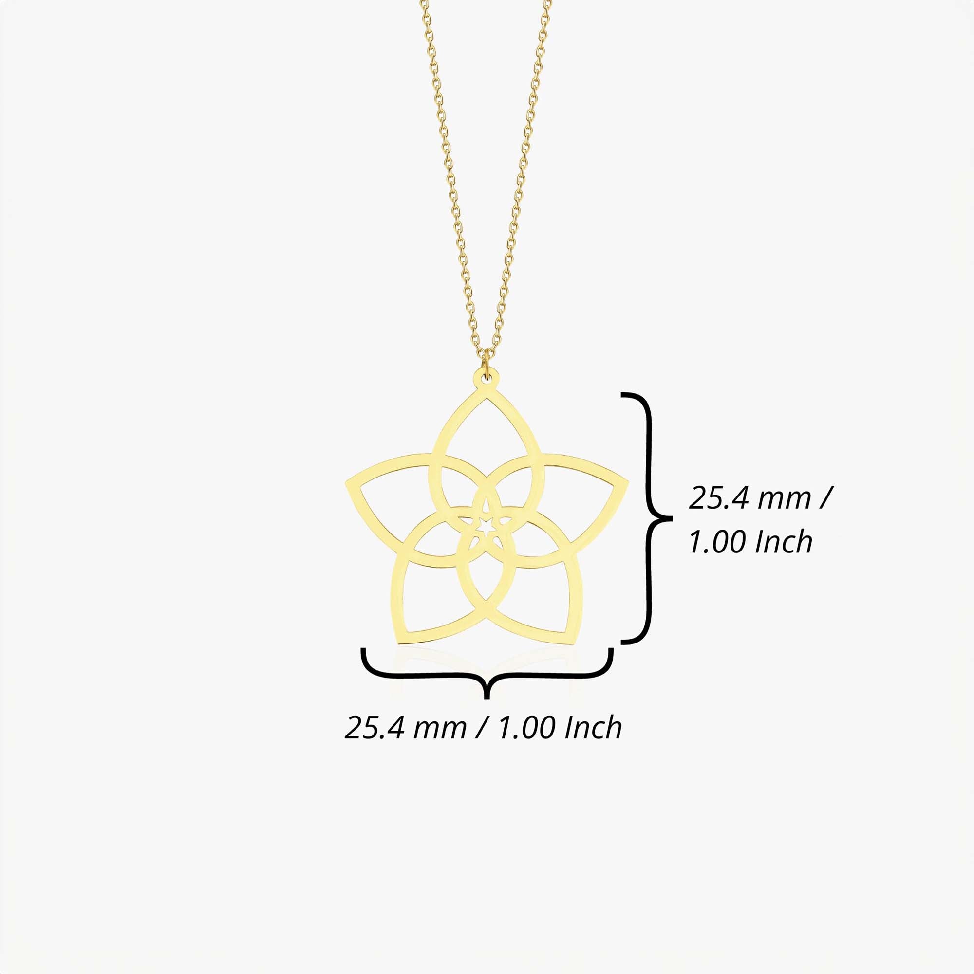A gold-colored necklace featuring a five-petal rose design, representing Sacred Geometry's Rose of Venus shown with measurements.