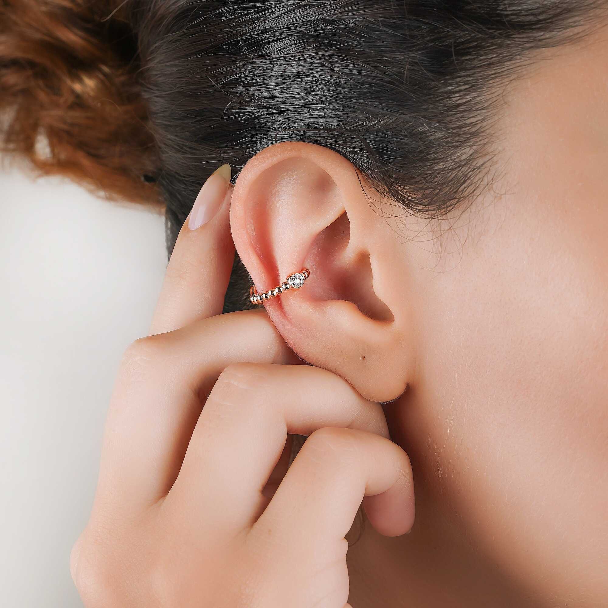 Solitaire Diamond Beaded Ear Cuff Earring Available in 14K and 18K Gold