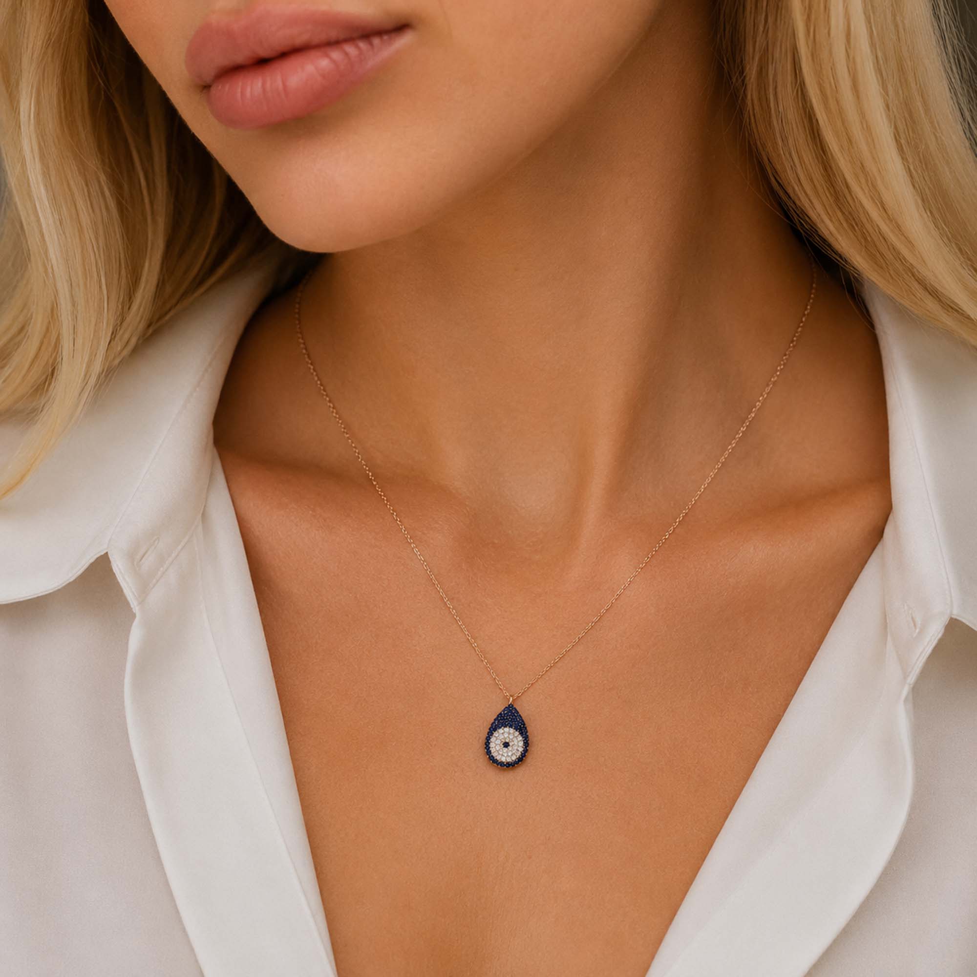Blue Sapphire and Diamond Raindrop Evil Eye Necklace in 14K Gold
