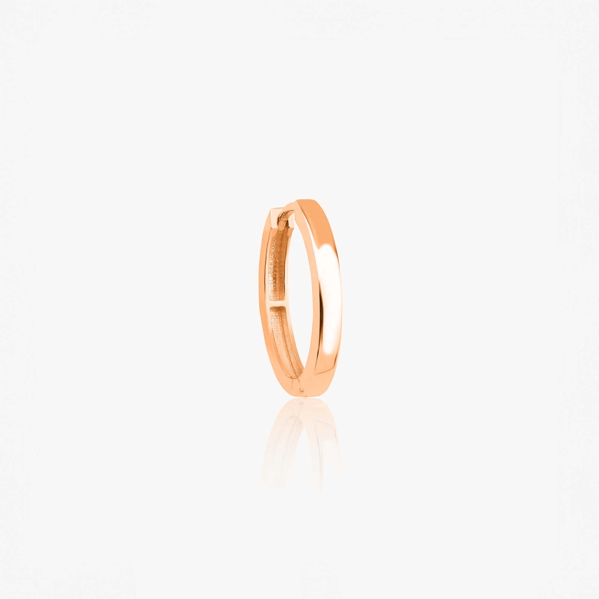 A single 14k rose gold oval shaped hoop shown on a white background.