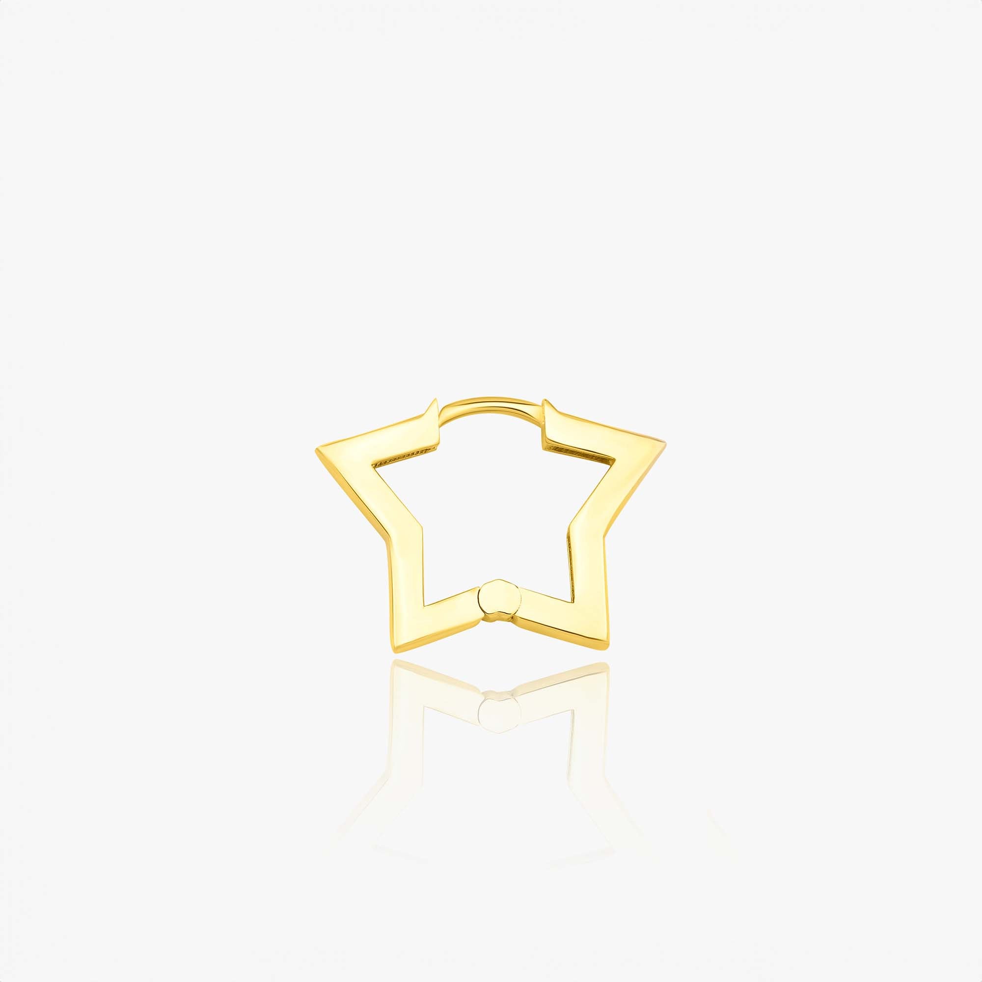 A single 14k yellow gold star shaped hoop shown sideways on a white background
