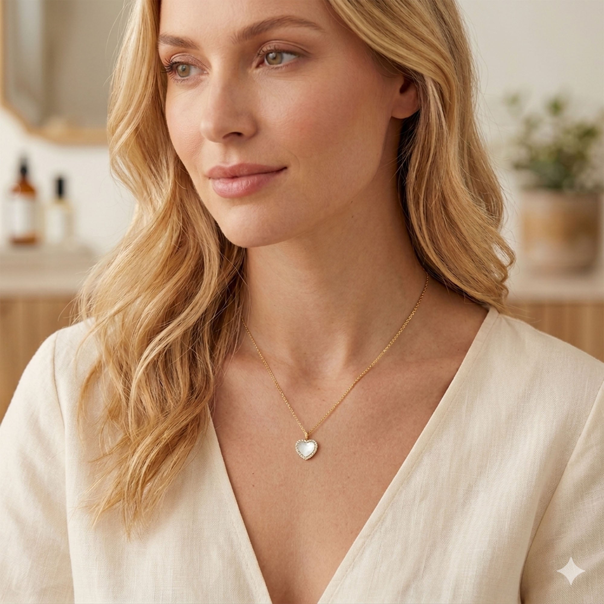 Small Diamond Mother of Pearl Heart Pendant in 14K Gold