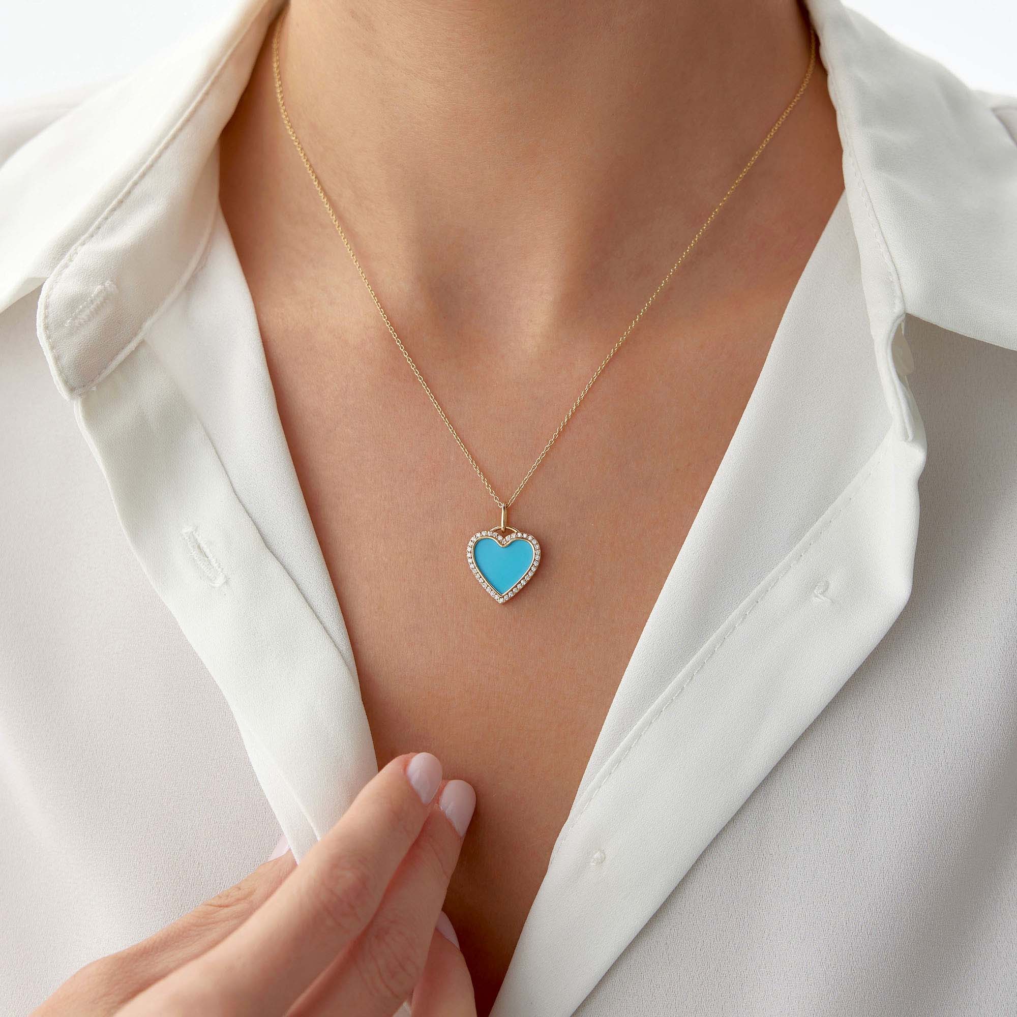 Small Diamond Turquoise Heart Necklace in 14K Gold