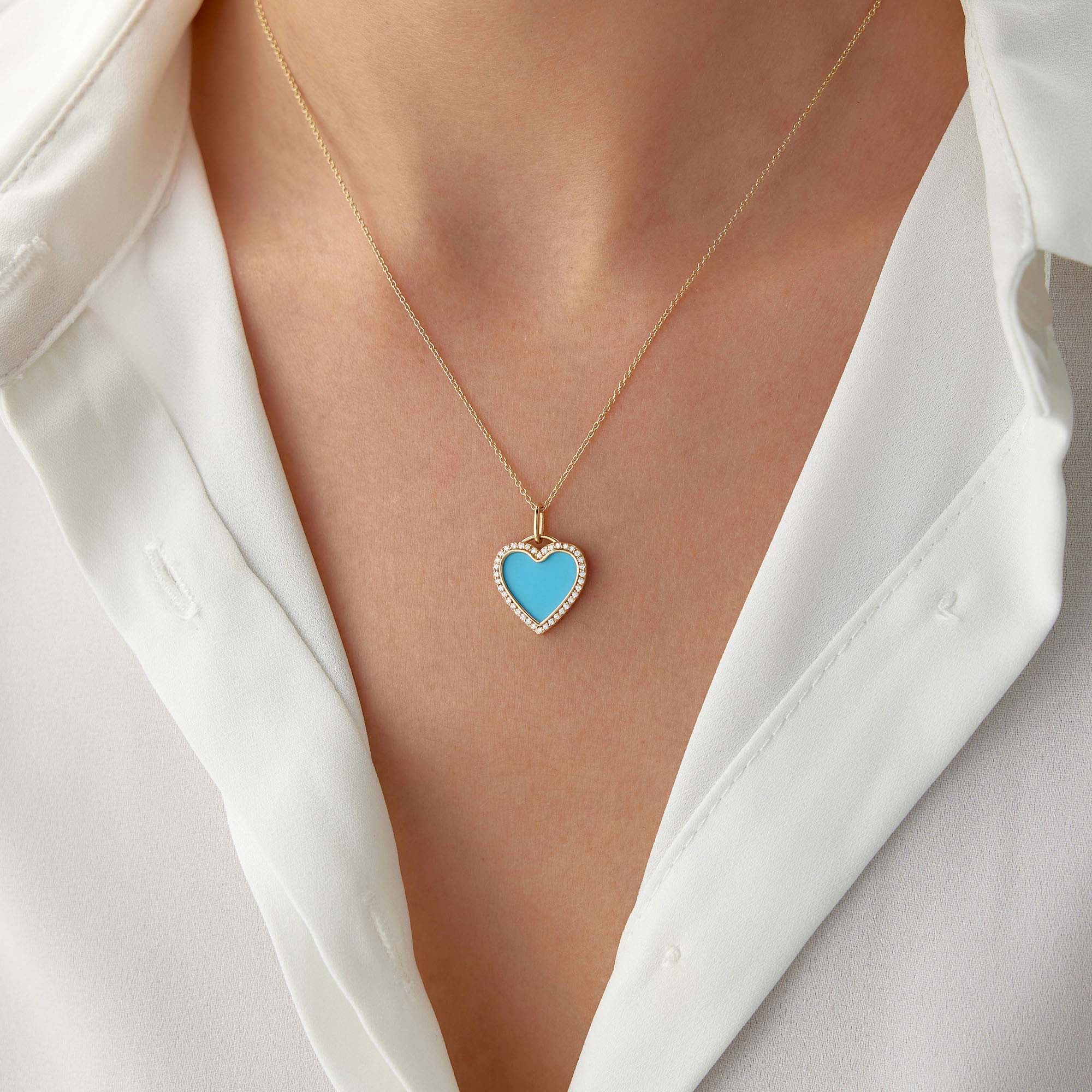 Small Diamond Turquoise Heart Necklace in 14K Gold