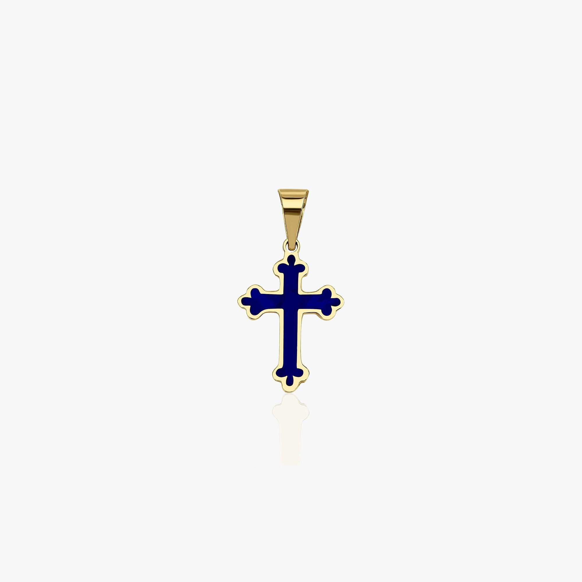 A 14k yellow gold small cross pendant with navy blue enamel center shown on a white background.