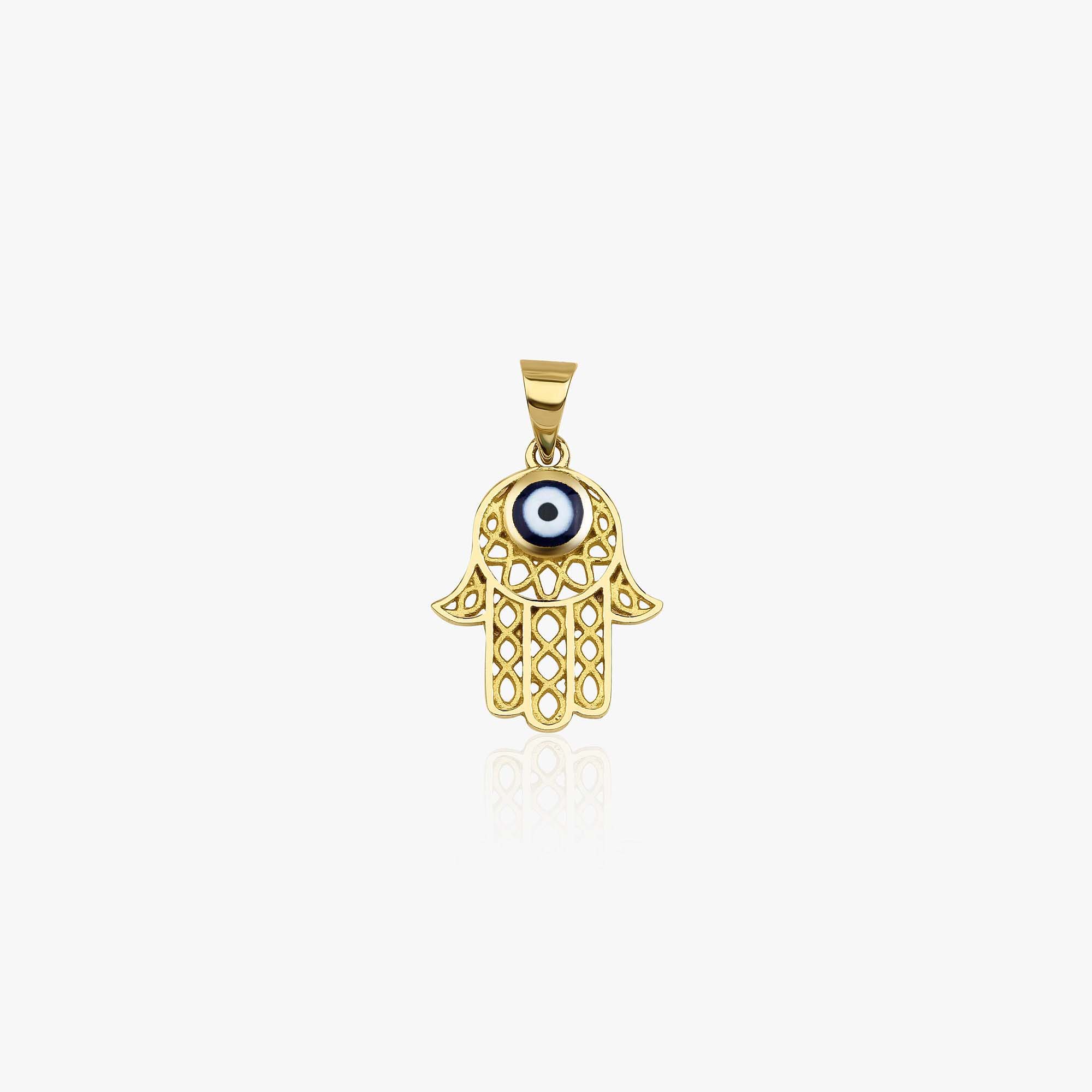 Gold Hamsa hand pendant with a navy blue eye on a white background