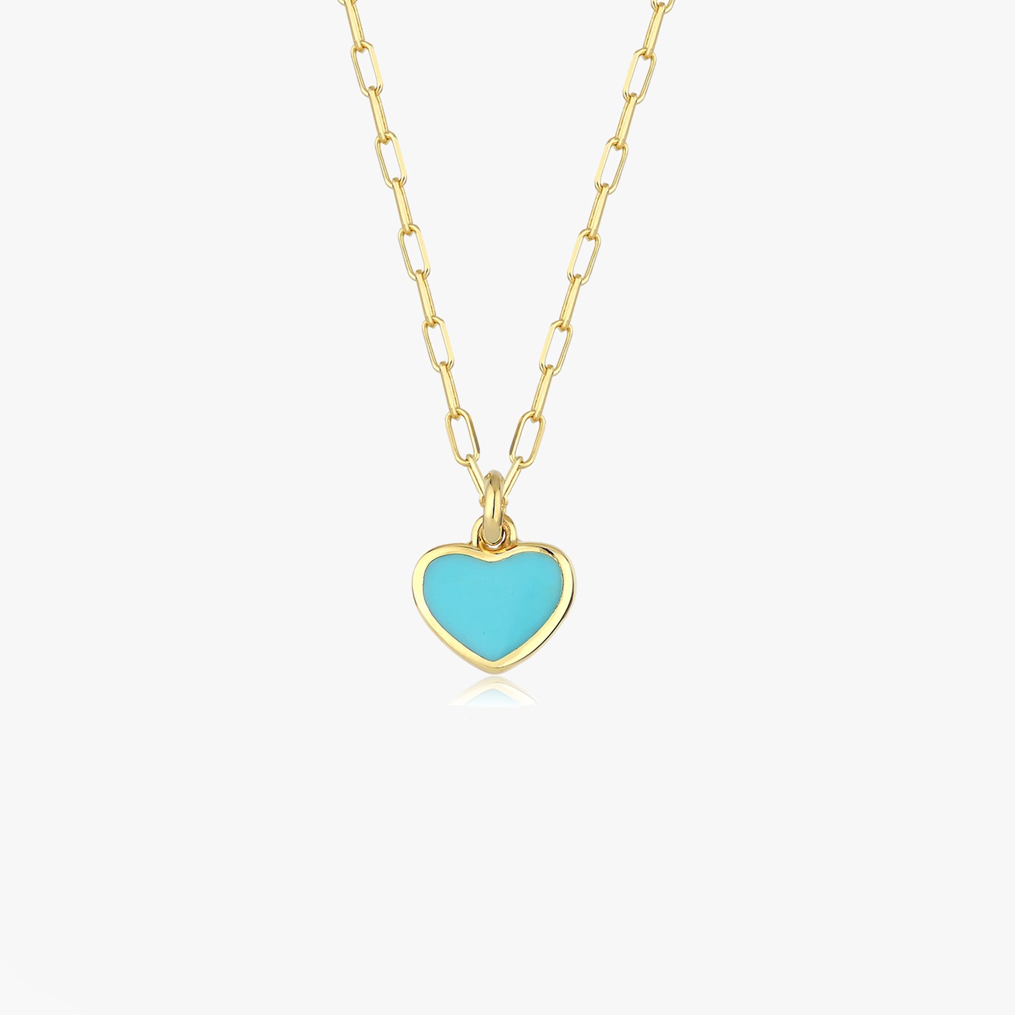Paperclip Chain Mini Turquoise Heart Necklace in 14K Gold