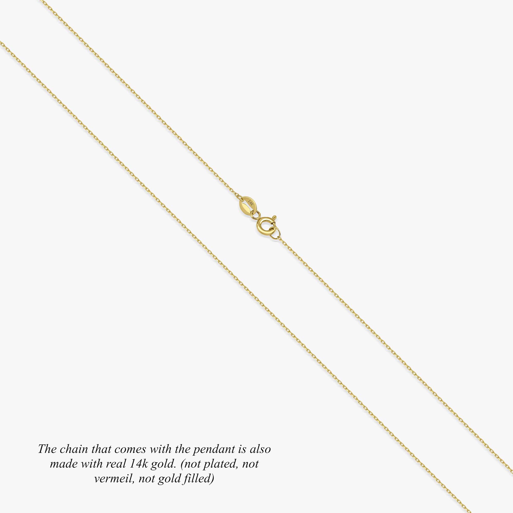 Gold chain on a white background with text about the chain's material.