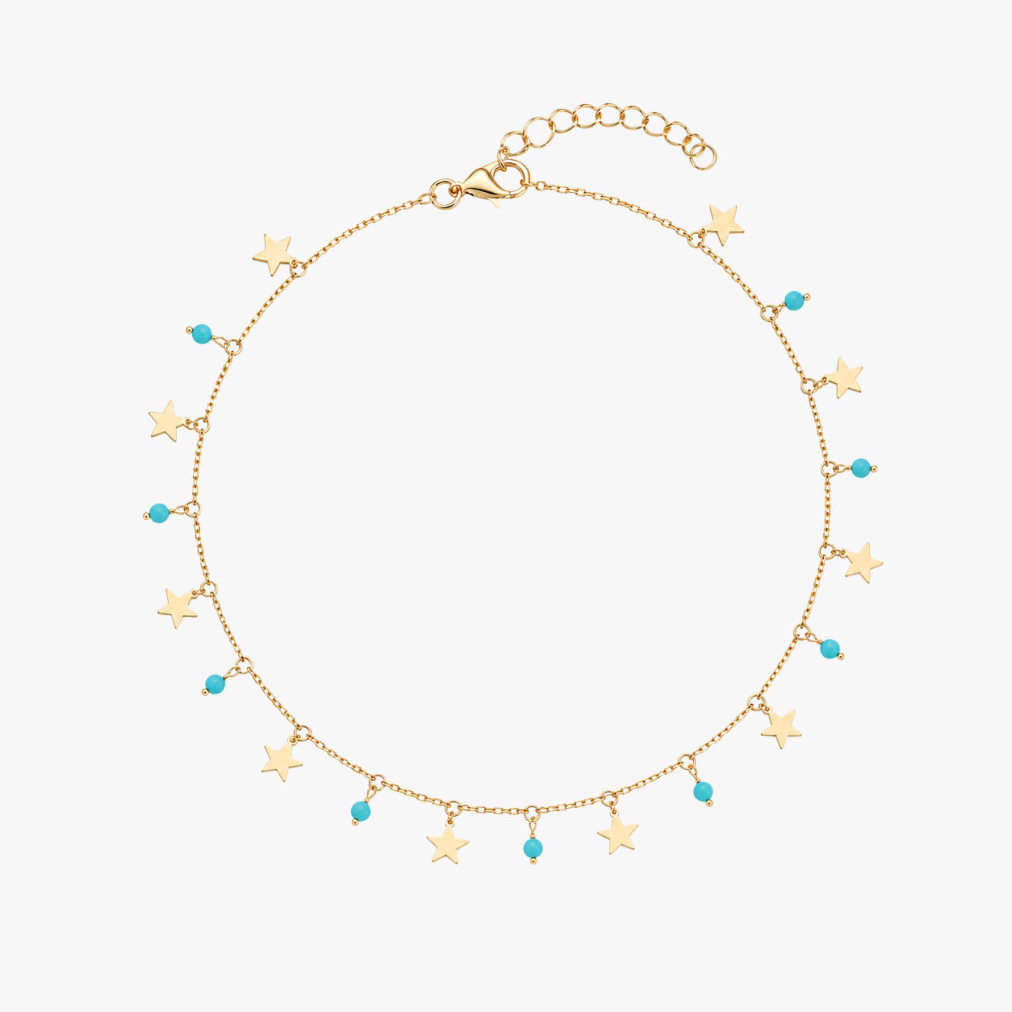 Star and Turquoise Charm Anklet in 14K Gold
