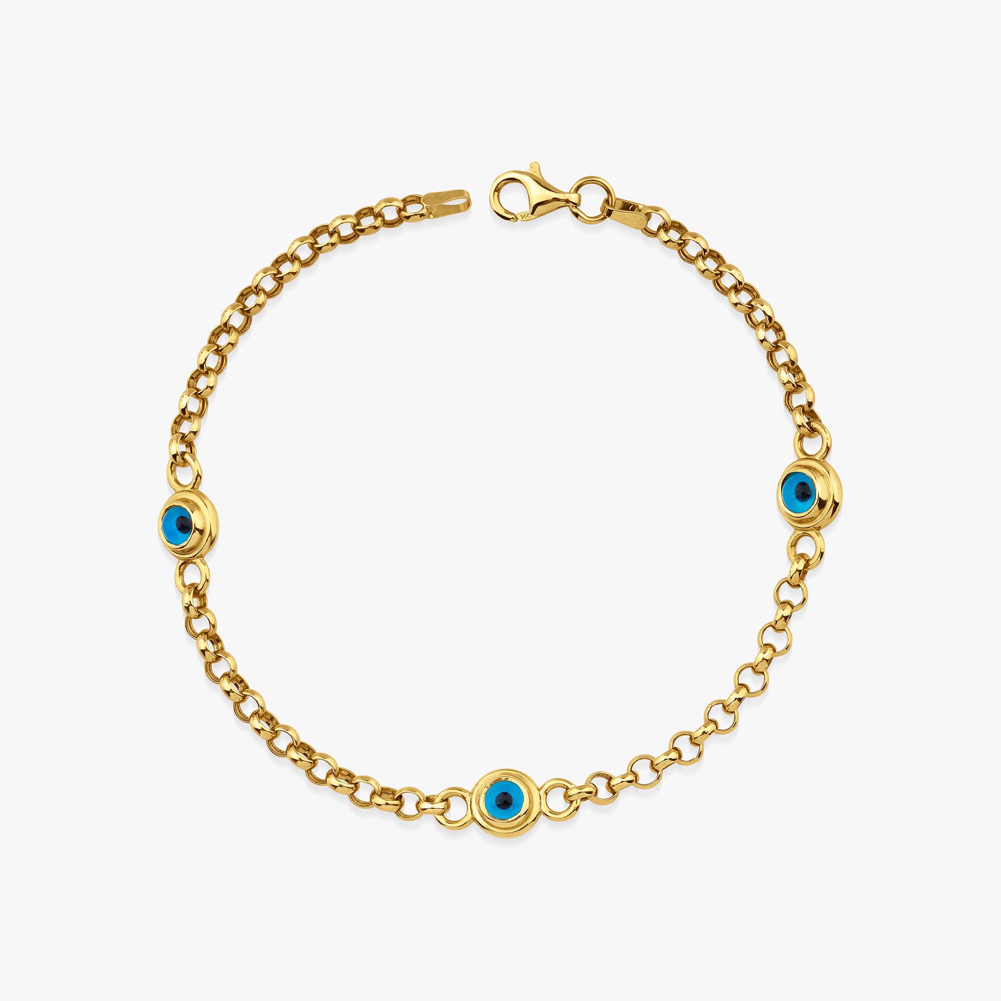 Rolo Chain Gold bracelet with three blue eyes on a white background