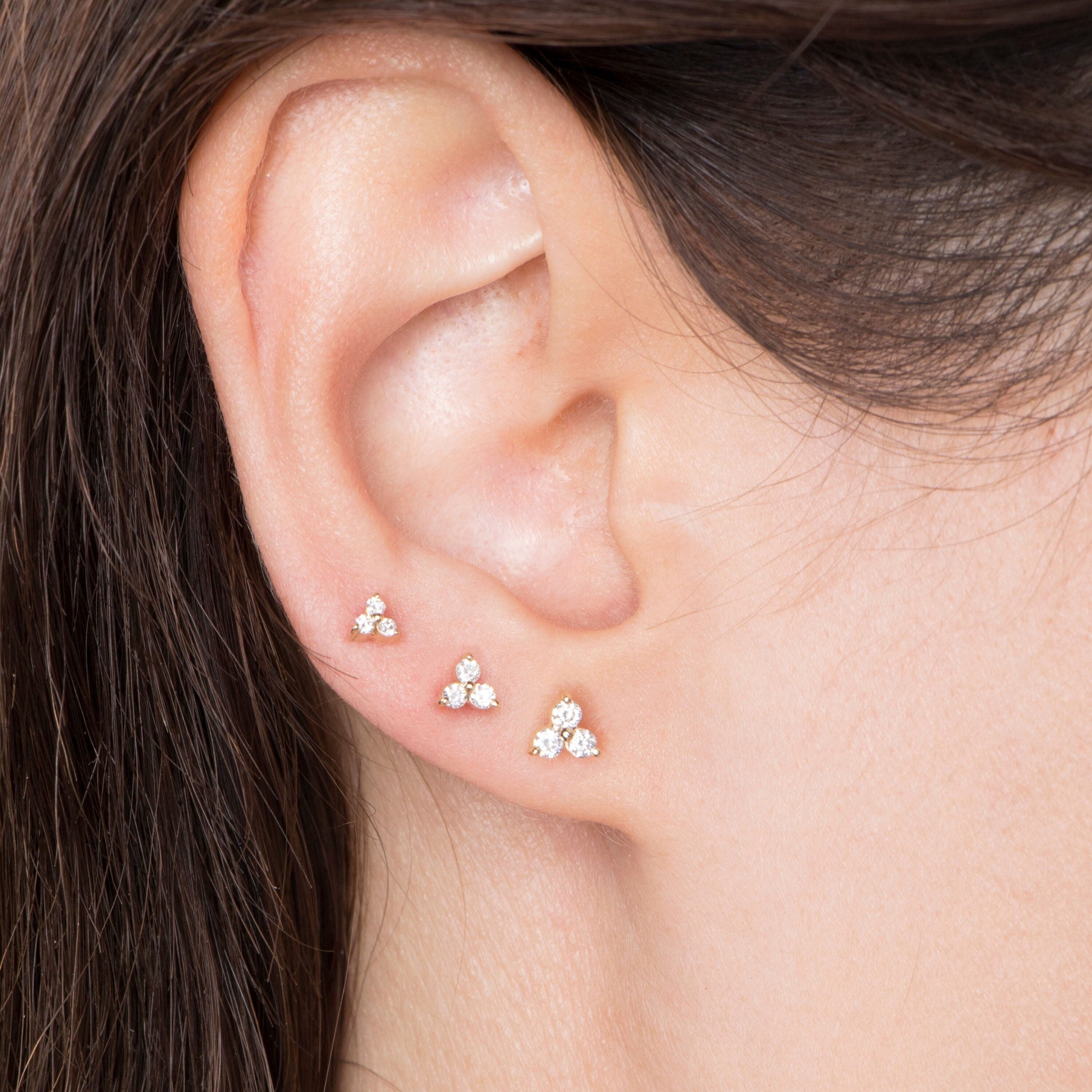 Single Three Diamond Stud Available in 14K and 18K Gold