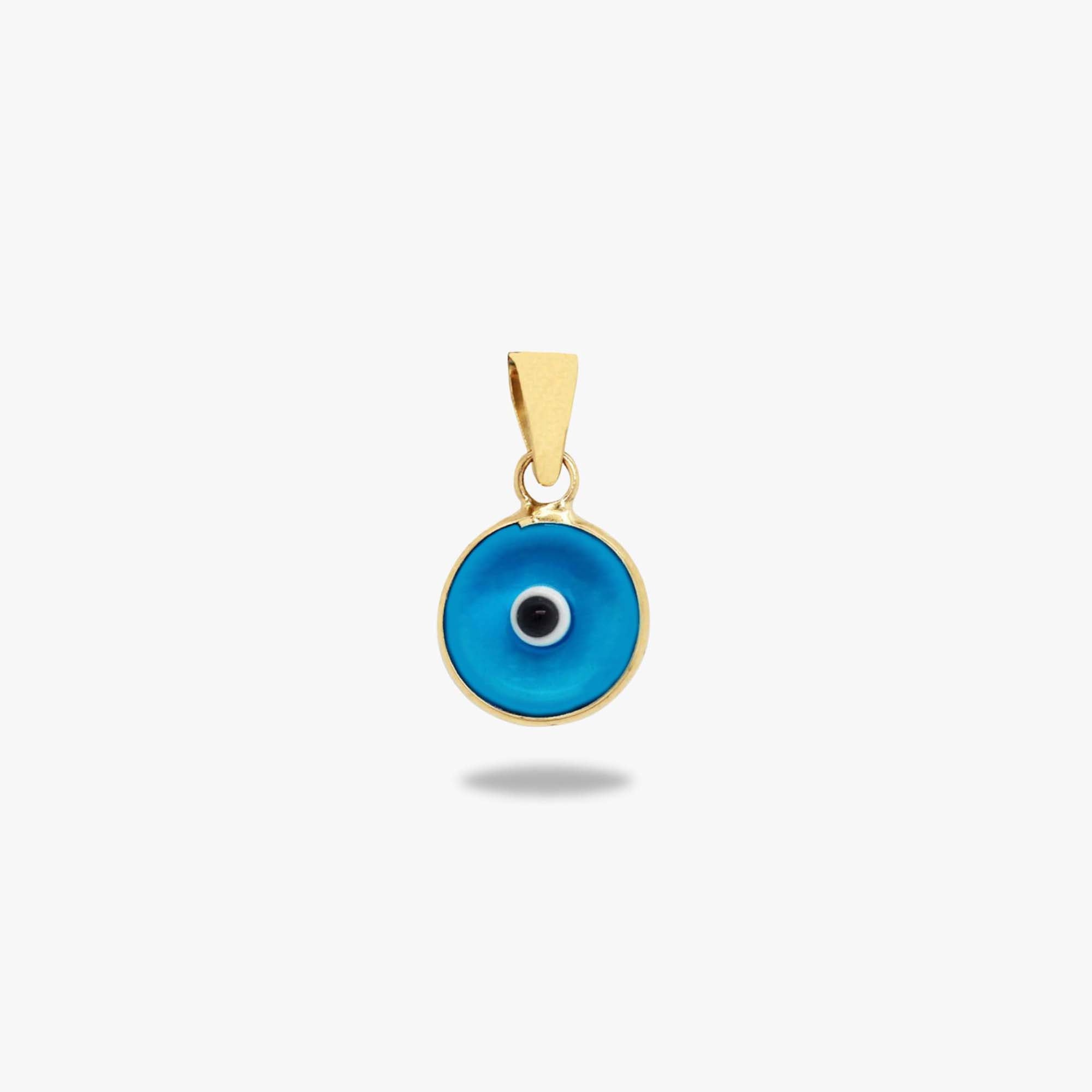 A 14k yellow gold translucent blue evil eye pendant shown on a white background
