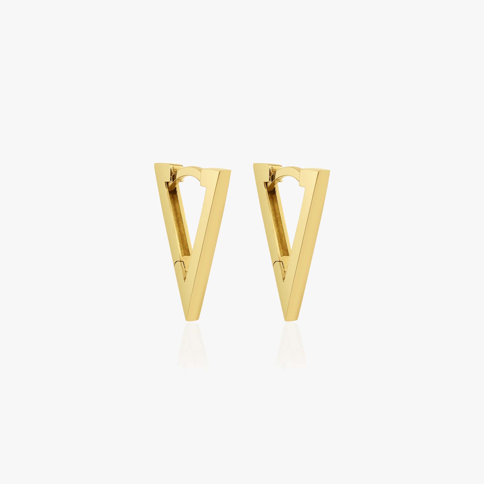 A pair of 14K yellow gold triangle hoop earrings on a white background.