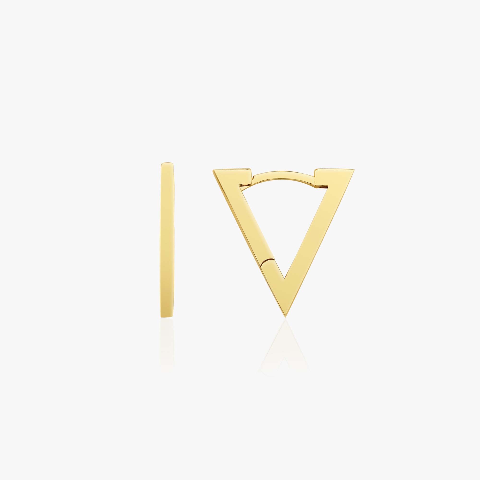 A pair of 14K yellow gold triangle hoop earrings shown sideways on a white background.