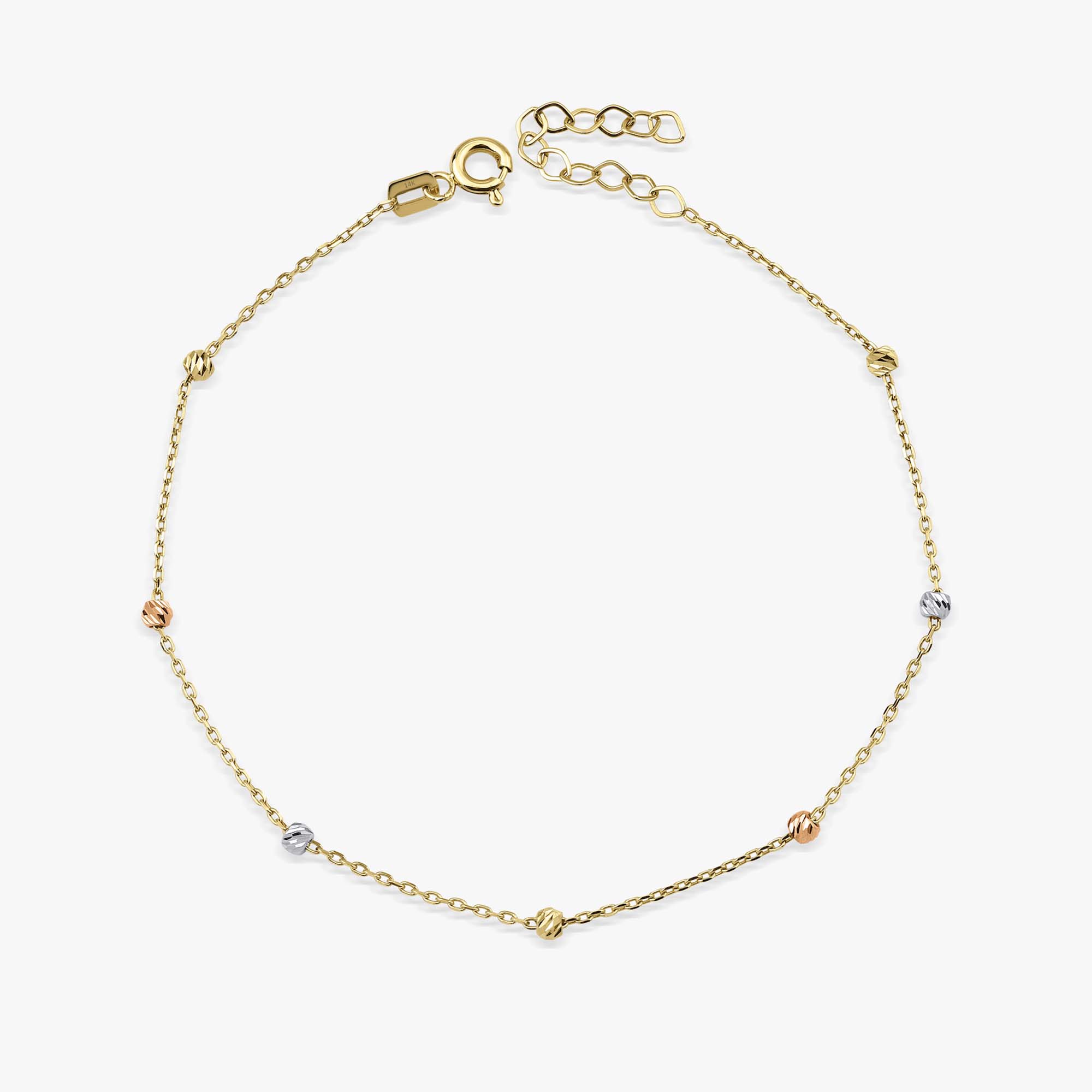 14k yellow gold tricolor beaded chain bracelet on a white background